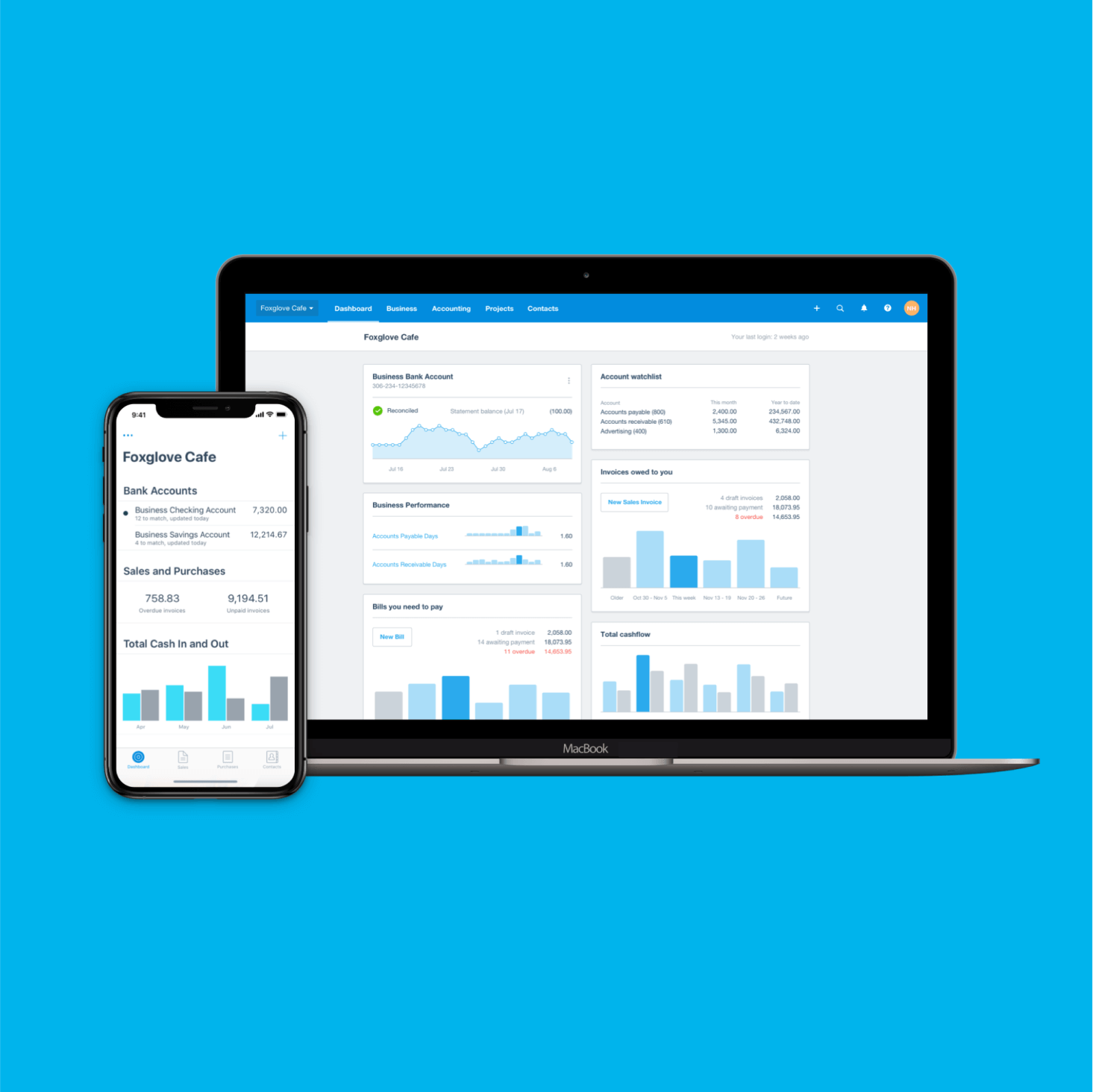Small business financials display on a phone and on a laptop after conversion to Xero.