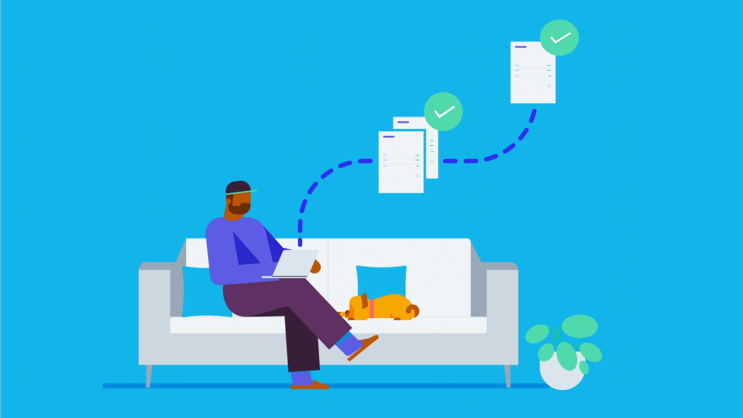 A business owner relaxes on a sofa with their dog, using Xero accounting software to check their business accounts.