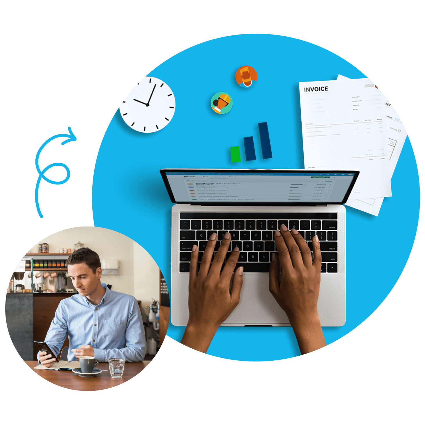 A business owner at a cafe check the figures in Xero while at the office, an administrator reconciles payments on a laptop.