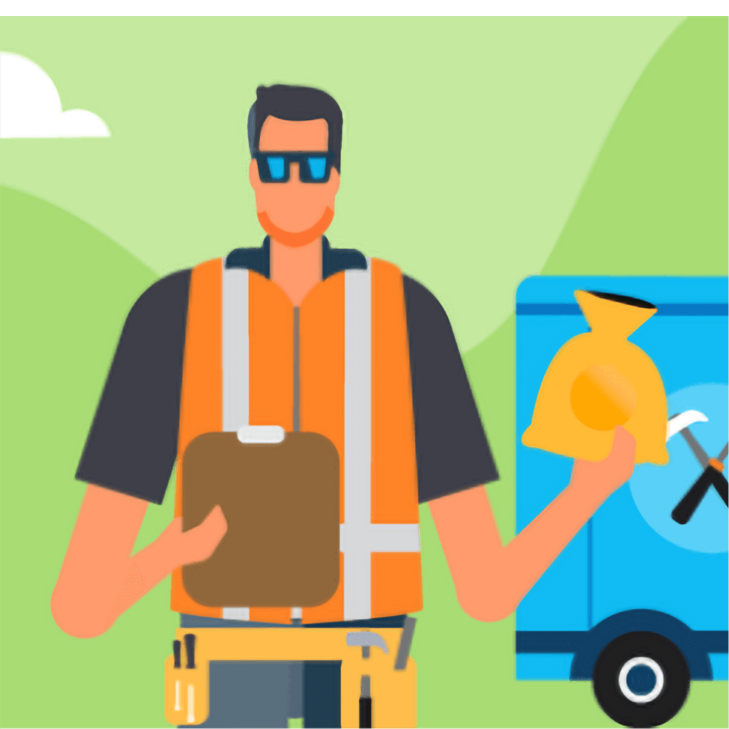 A builder holds a clipboard and bag of money as they consider taking their business online with Xero.