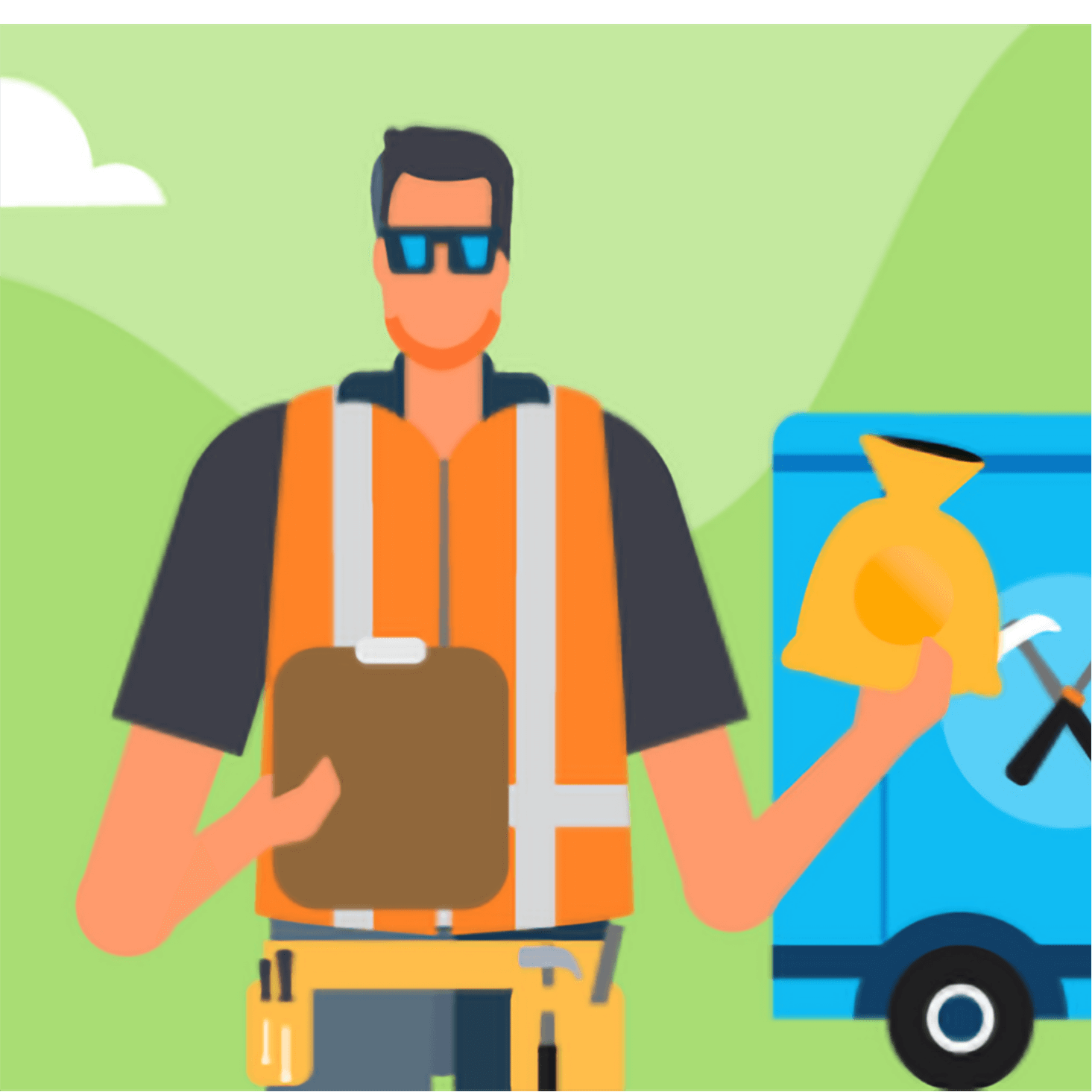 A builder holds a clipboard and bag of money as they consider taking their business online with Xero. 