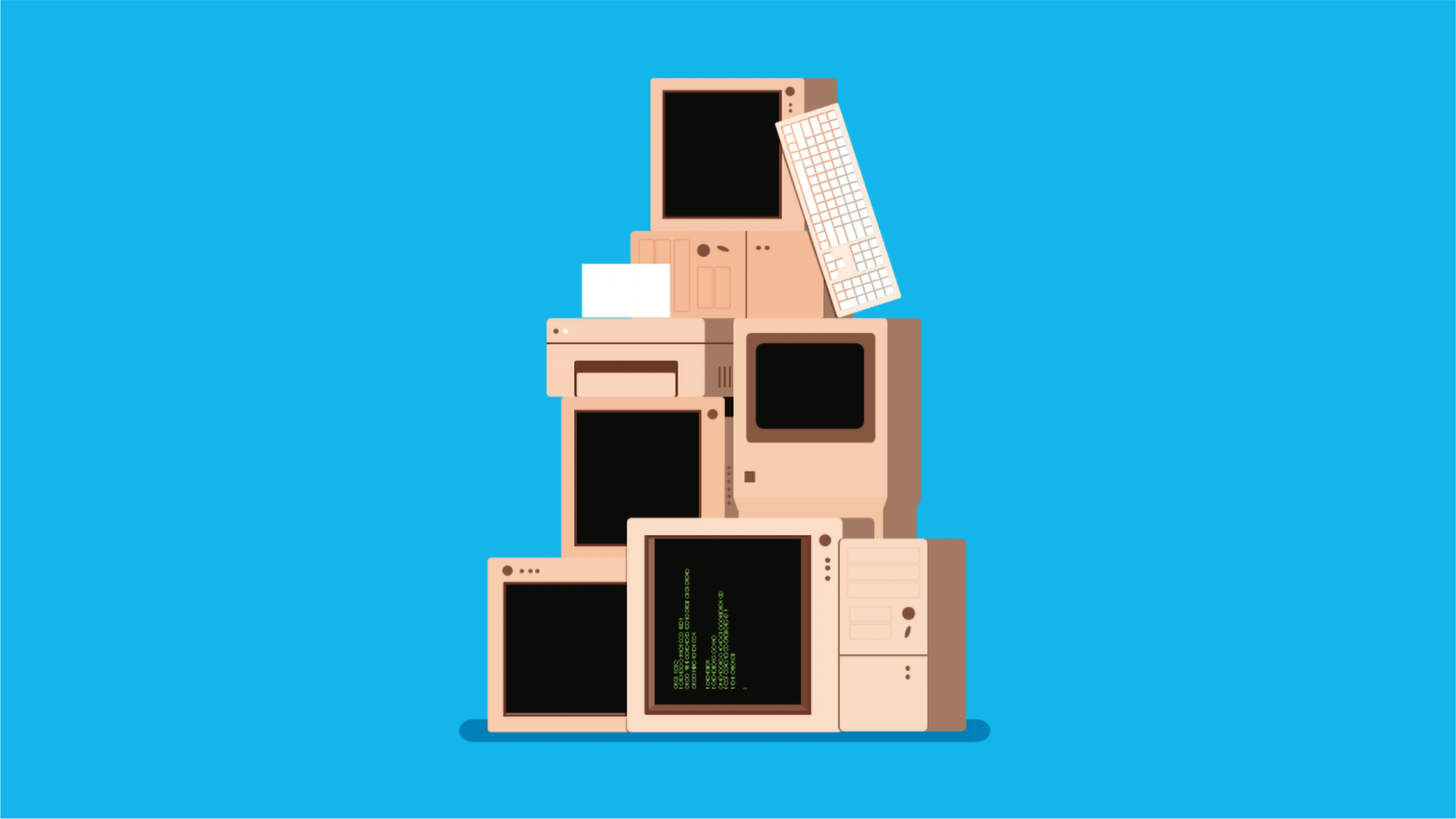 A pile of old desktop computers sit awaiting collection and recycling.