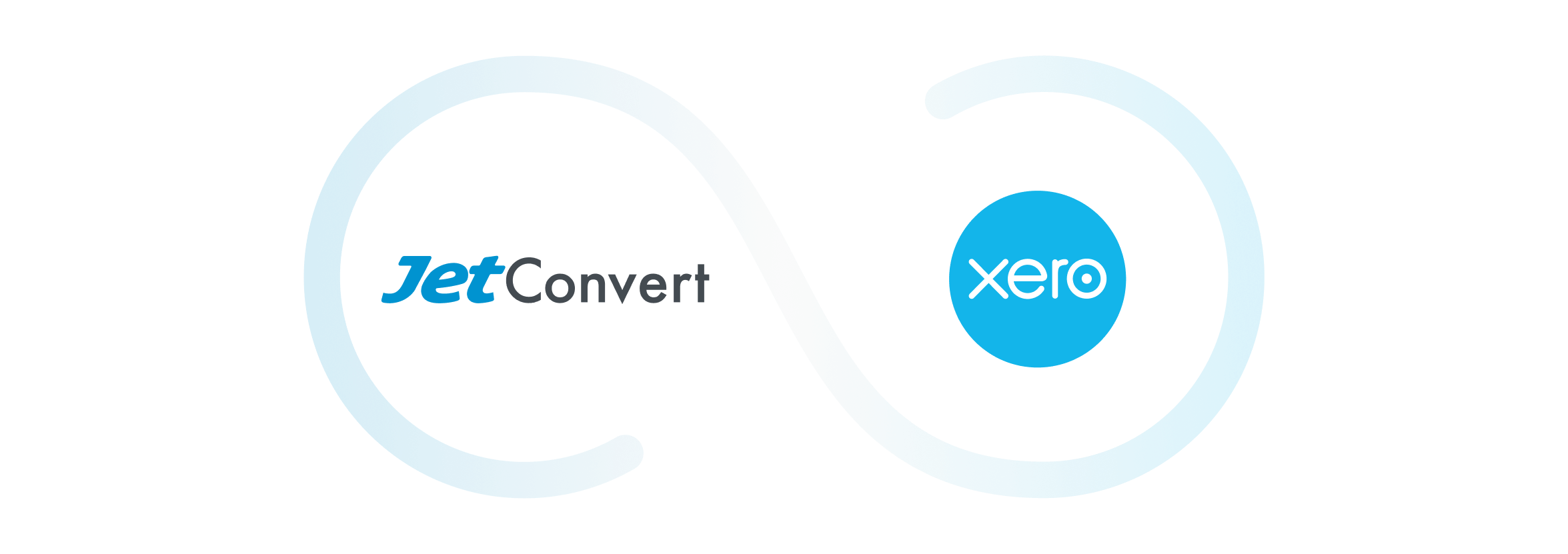 JetConvert and Xero logos side by side, a blue ribbon running around and between them.