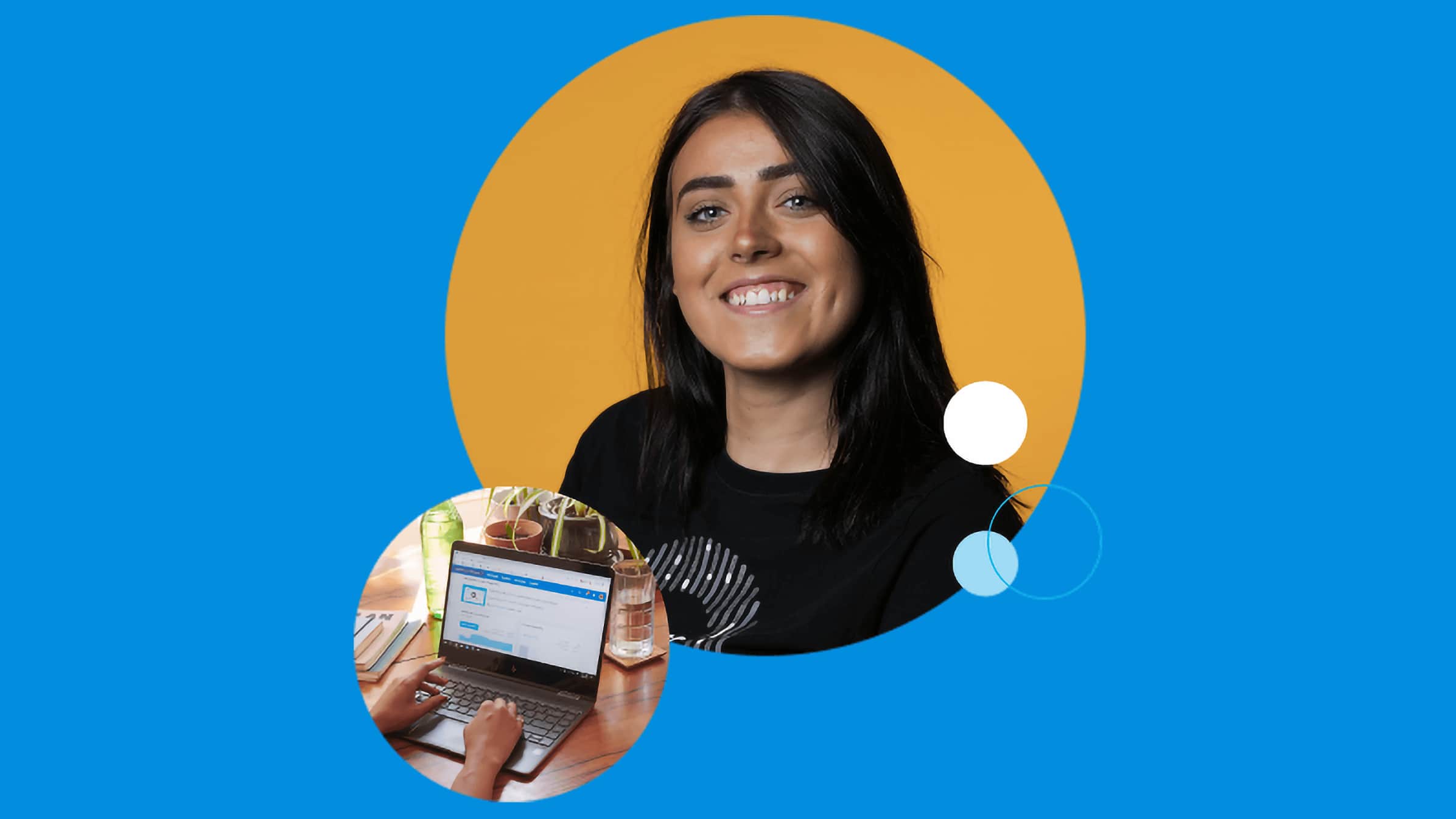 Xero consultant smiling to camera next to an image of hands typing on a computer.