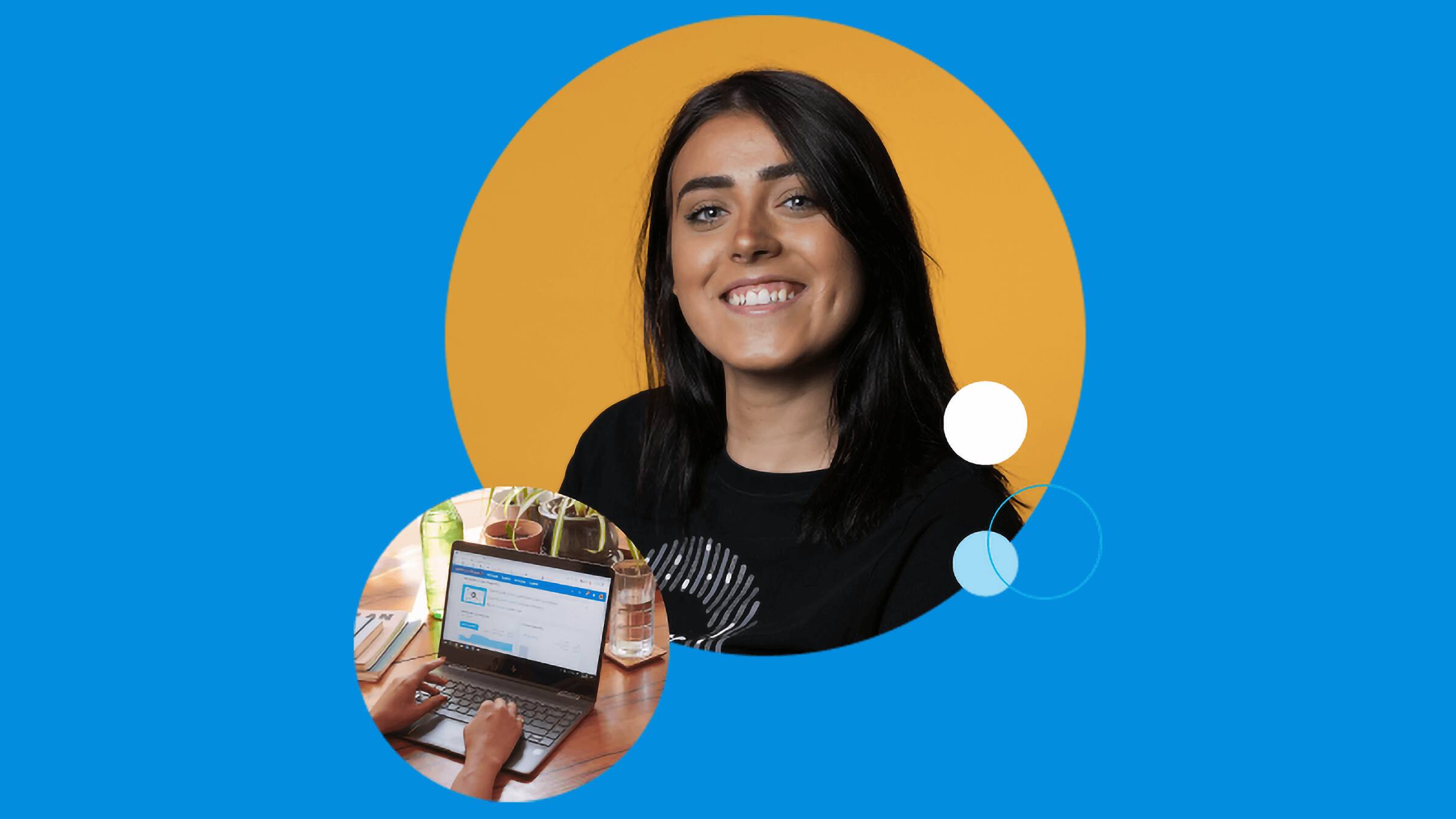 Xero consultant smiling to camera next to an image of hands typing on a computer.
