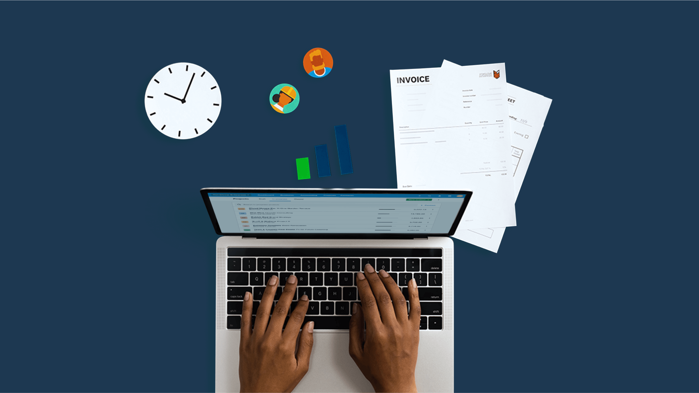 small business owner enters customer invoices into Xero using a laptop.