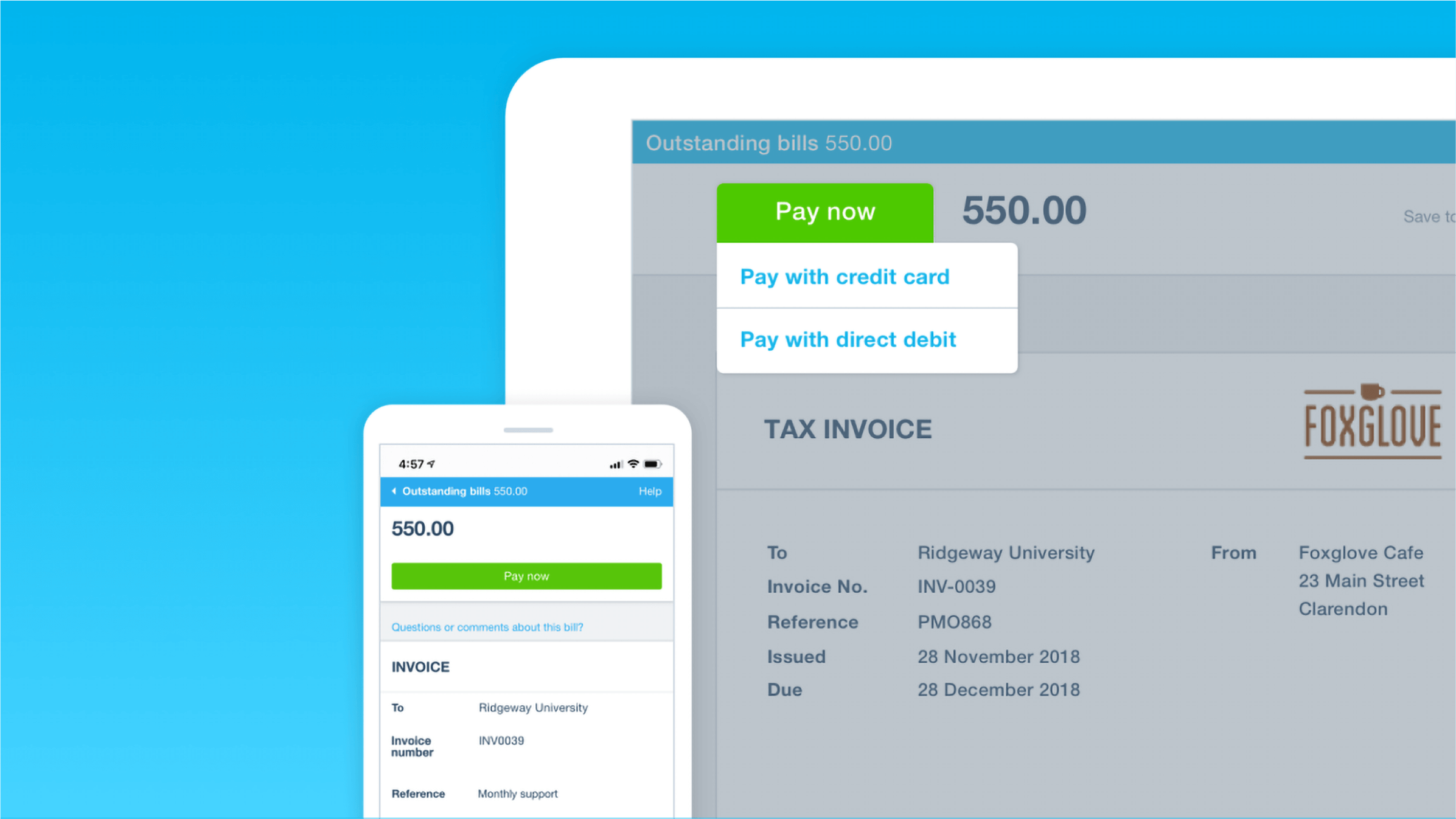 A ‘Pay now’ button displays on Xero online invoices received on a laptop and mobile phone.
