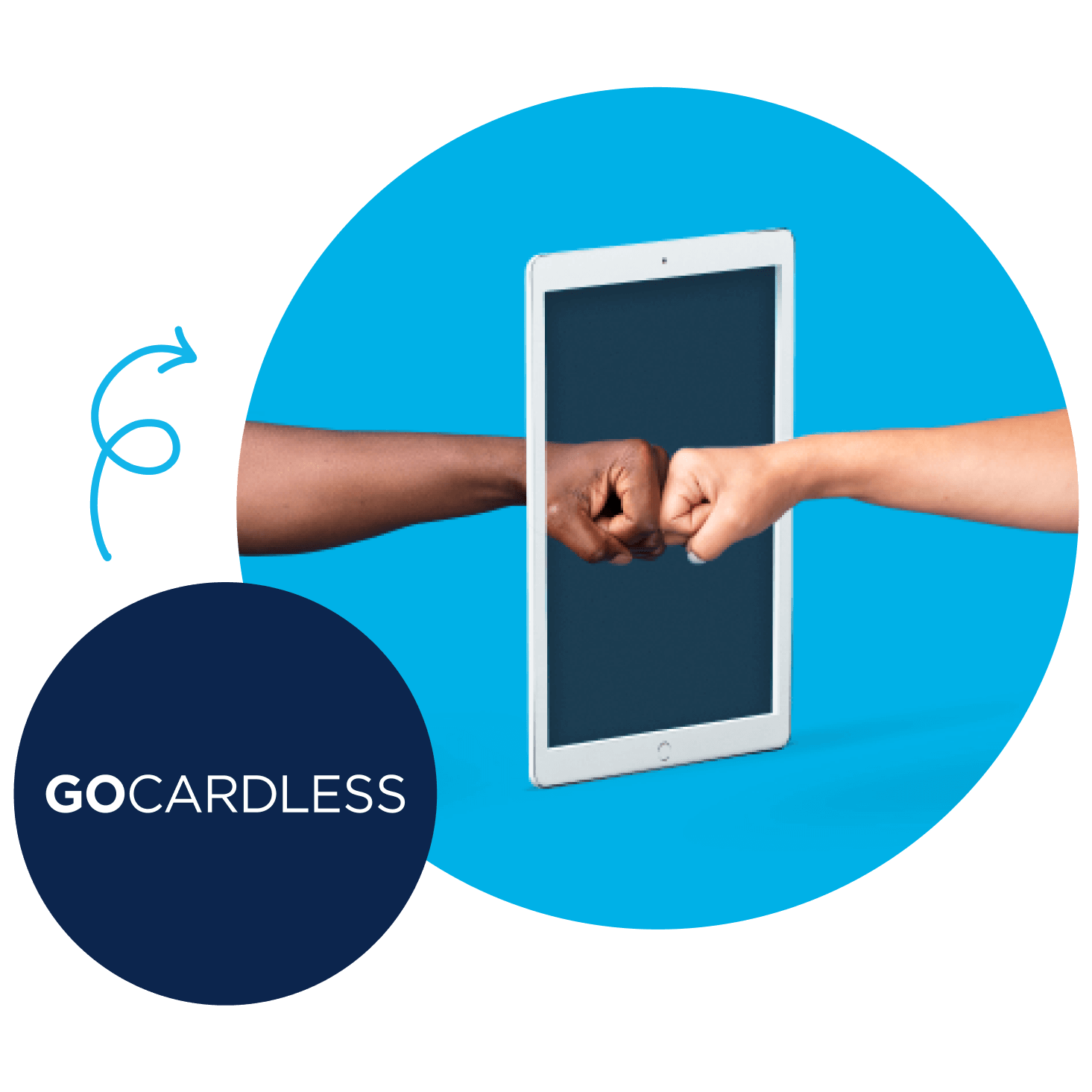 The GoCardless logo and two fists bumping on a screen represent GoCardless’s ability to let customers pay online, instantly.
