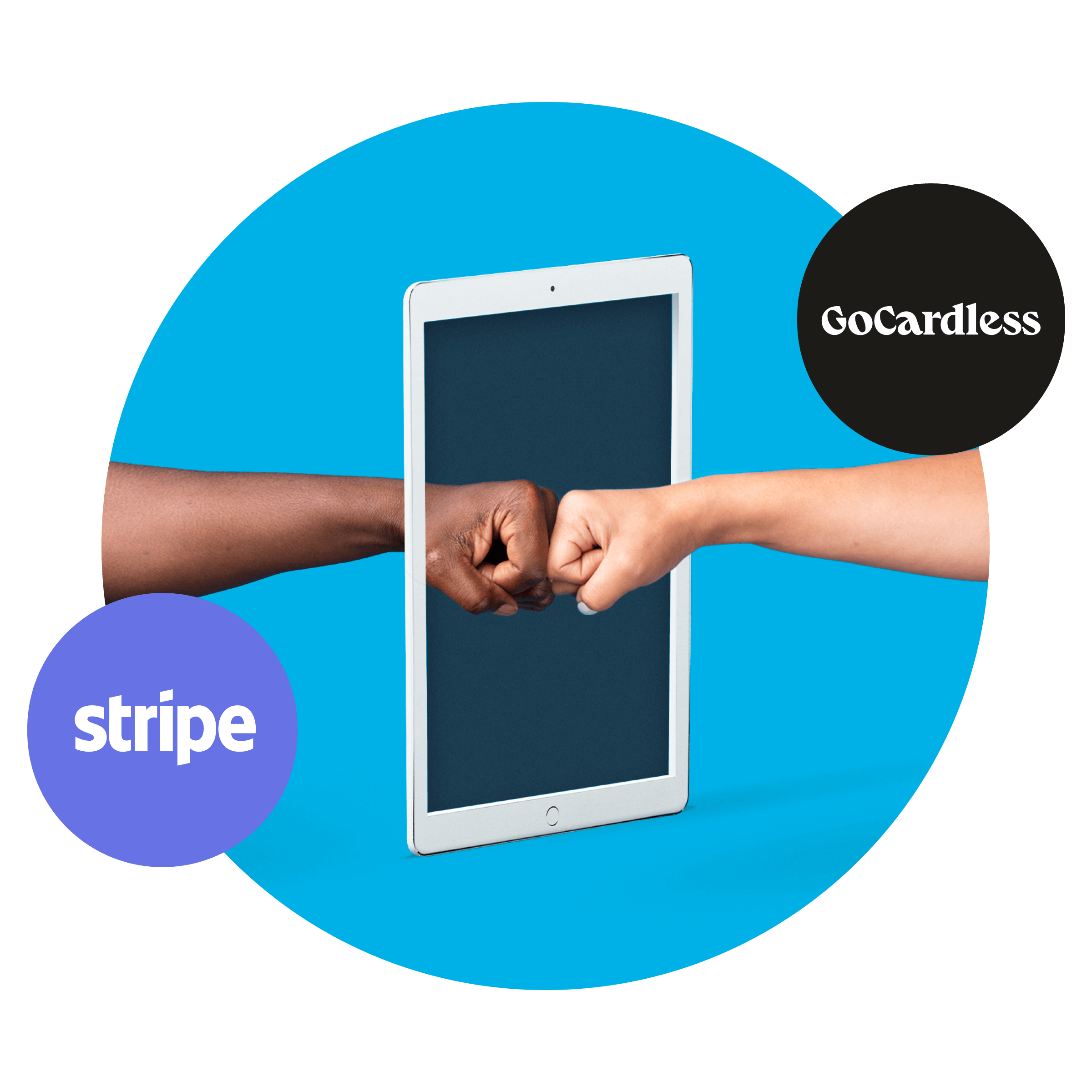 Photo of two hands fistbumping through an iPad with the Stripe and GoCardless icons around it