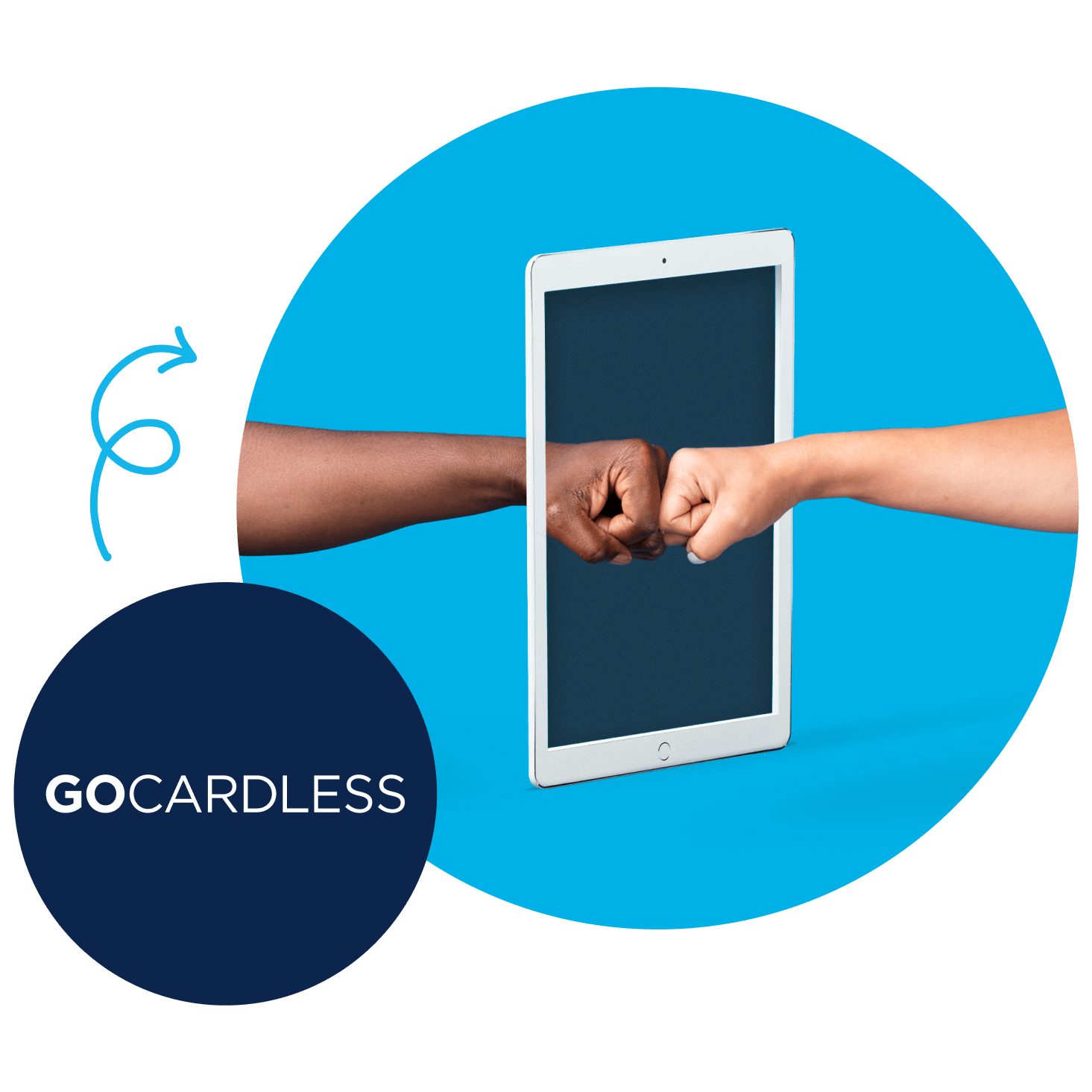 The GoCardless logo and two fists bumping on a screen represent GoCardless’s ability to let customers pay online, instantly.