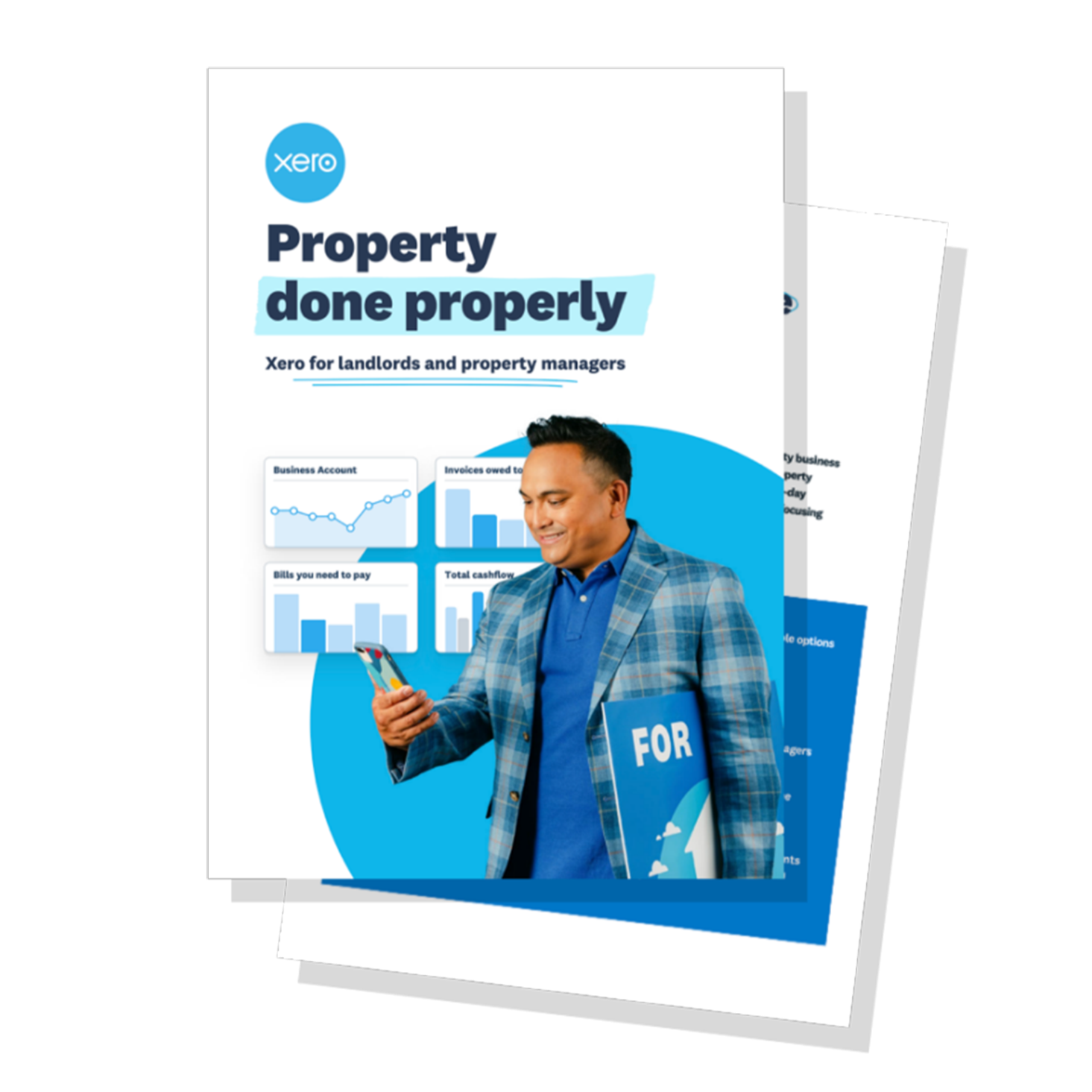 The cover of Xero’s digital brochure ‘Property done properly’ showing a property manager checking Xero on their mobile phone.