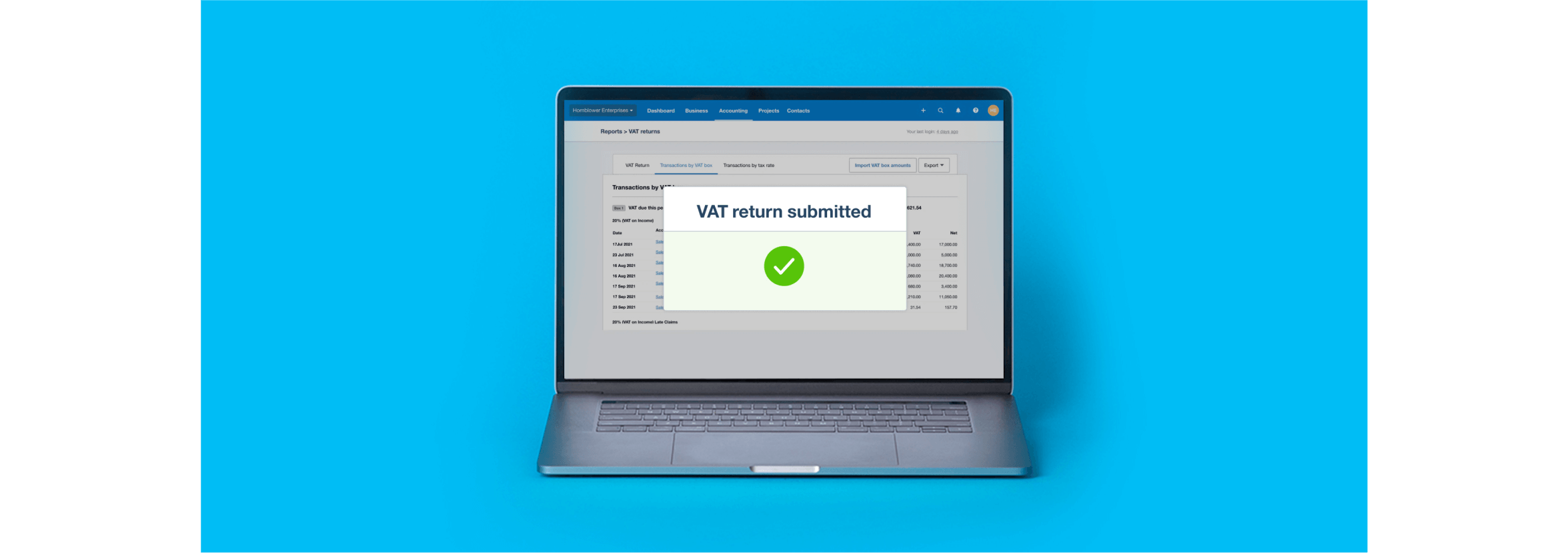The VAT return screen on a laptop shows a message confirming that a VAT return has been submitted to HMRC.