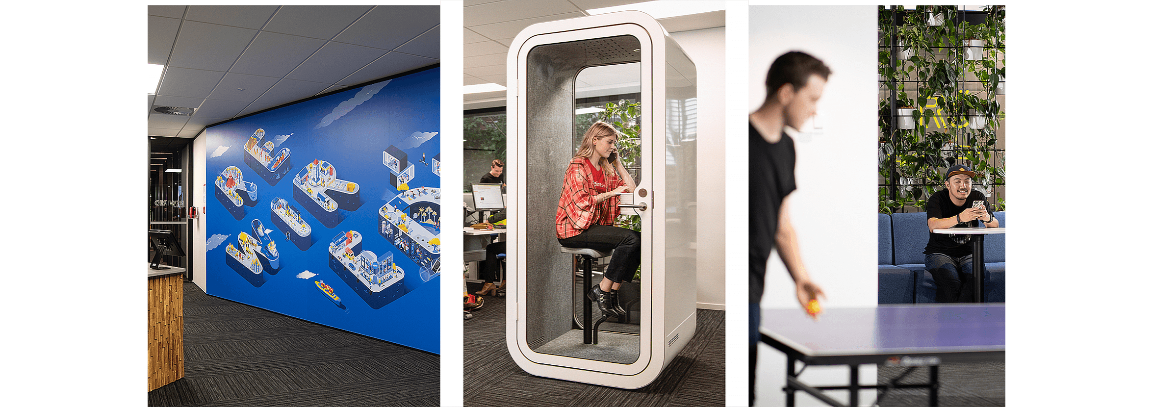 One Rewired member makes a phone call from a soundproof booth while another has a game of table tennis.