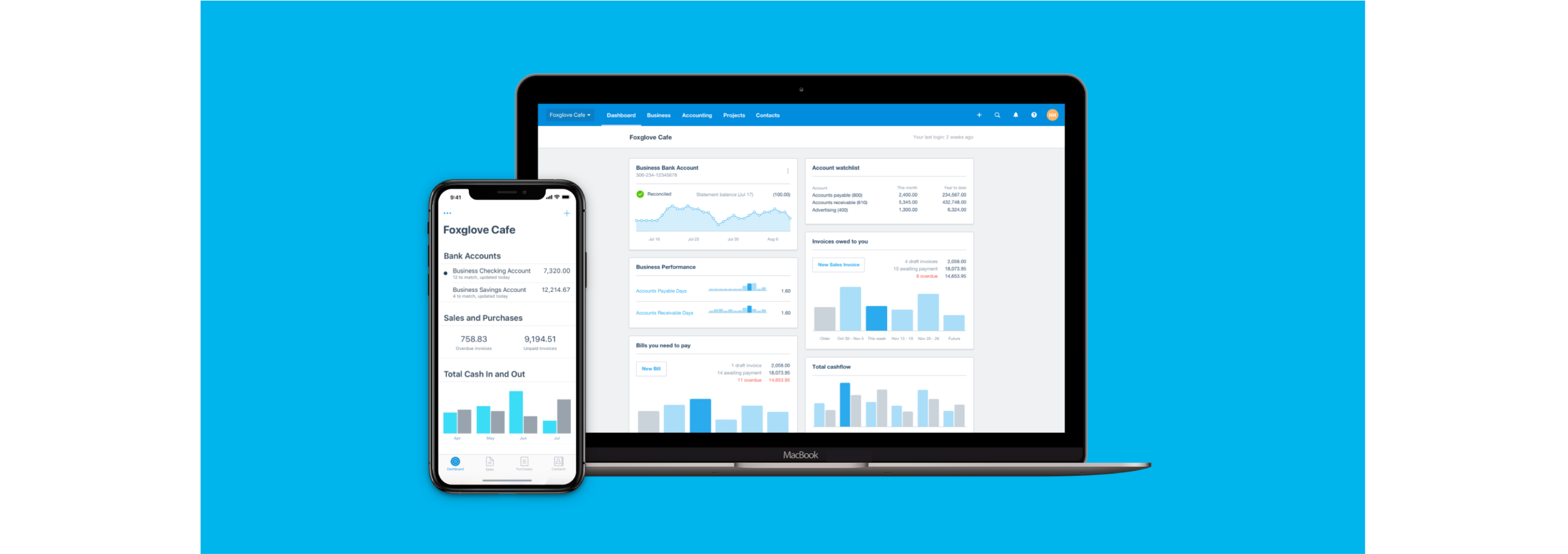 The Xero dashboard shows bank balances, invoices owed, and an accounts watchlist on mobile phone and a laptop.
