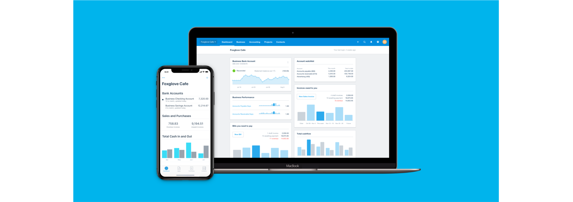 The Xero dashboard shows bank balances, invoices owed, and an accounts watchlist on mobile phone and a laptop. 