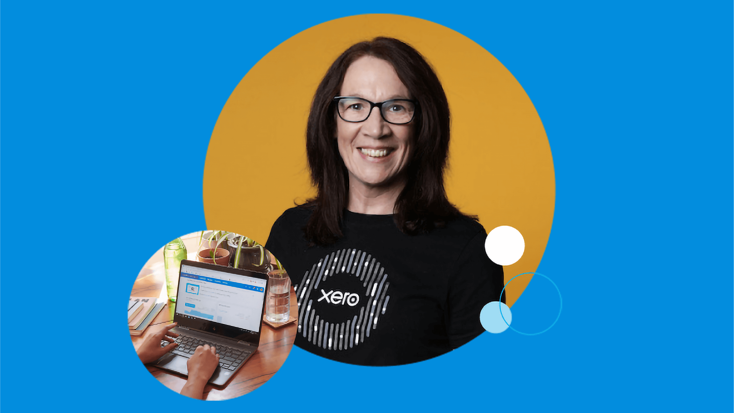 A Xero consultant smiling to camera alongside an image of hands typing on a computer.