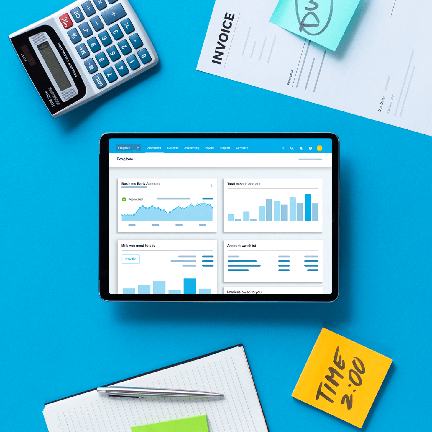 An invoice, amounts owed to the business, and bank reconciliation screen display in Xero on a tablet.