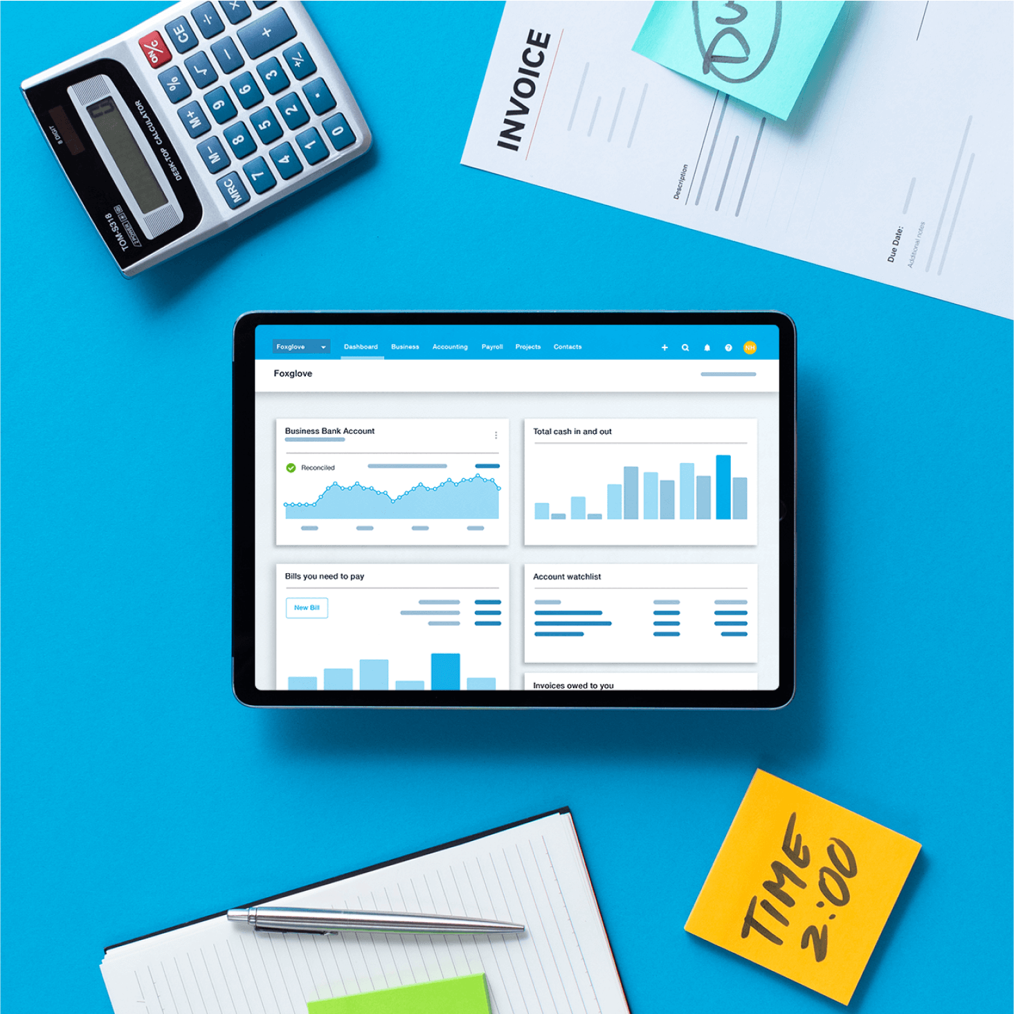 An invoice, amounts owed to the business, and bank reconciliation screen display in Xero on a tablet. 