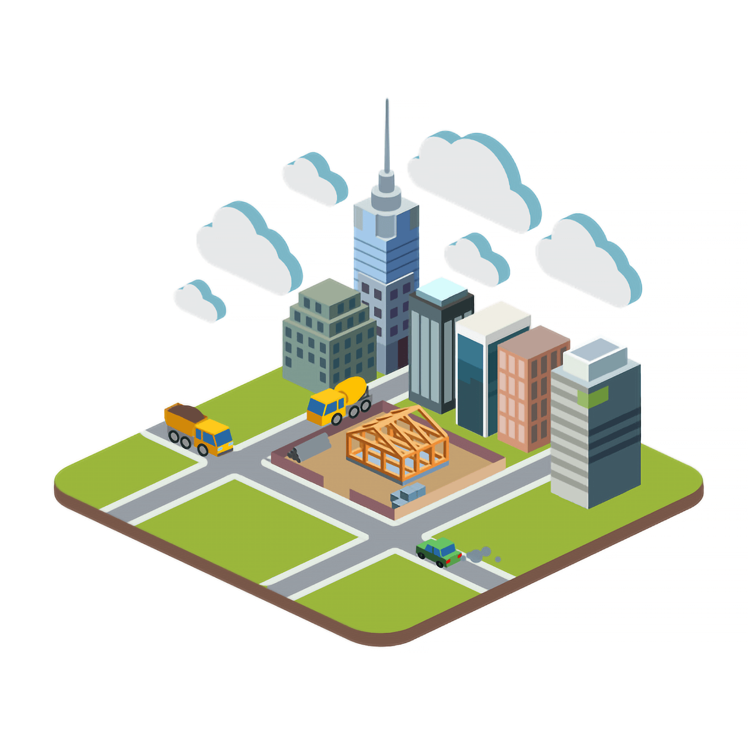 A screen from the game Construction Tycoon showing a construction project underway on the edge of a city.