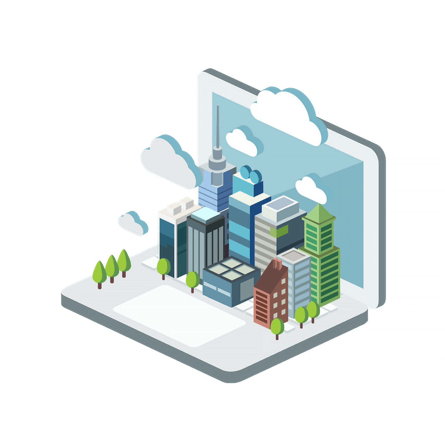 A screen from the game Tech Tycoon amid a cityscape.
