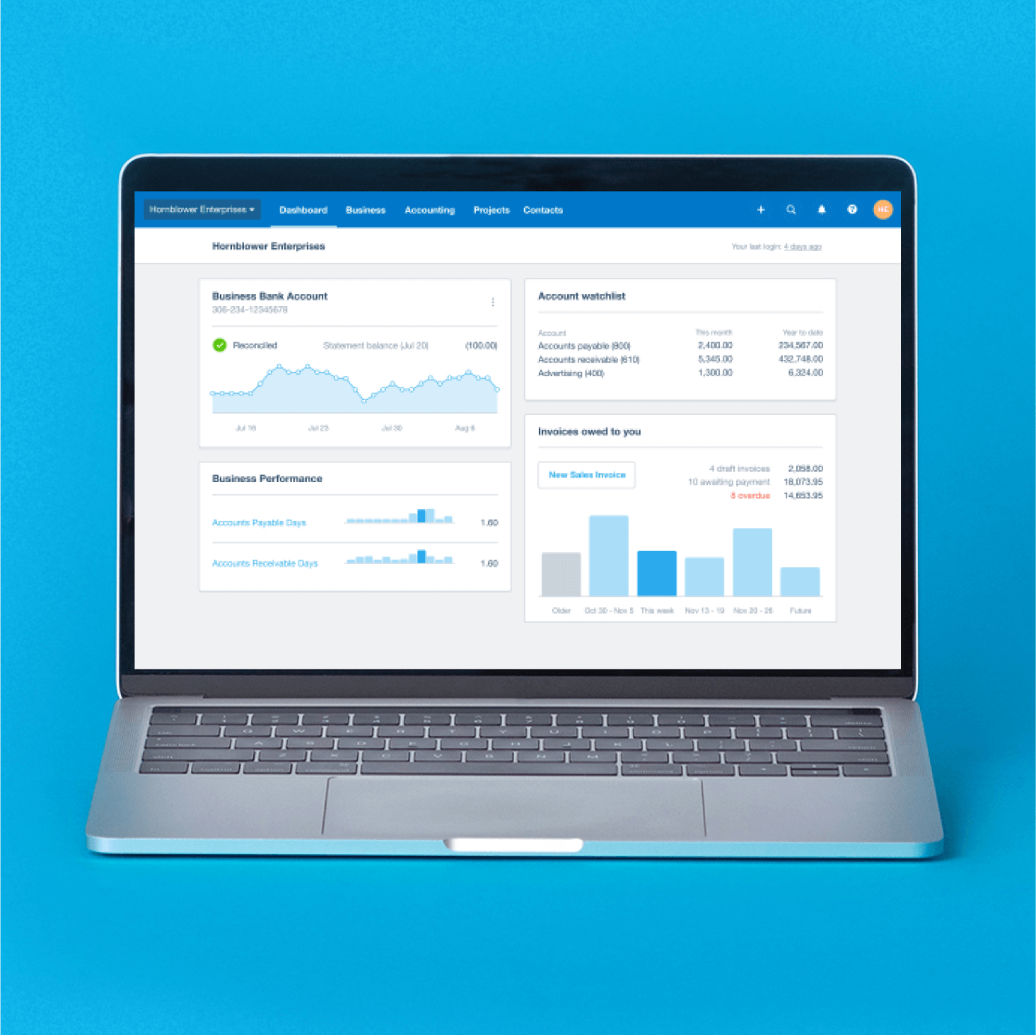The Xero dashboard shows bank balances, the amount of invoices owed, and an accounts watchlist.