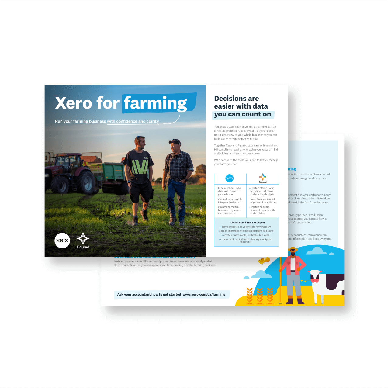 Front cover of Xero for farming brochure with two farmers in front of a tractor, and an internal page with a farmer and cow. 