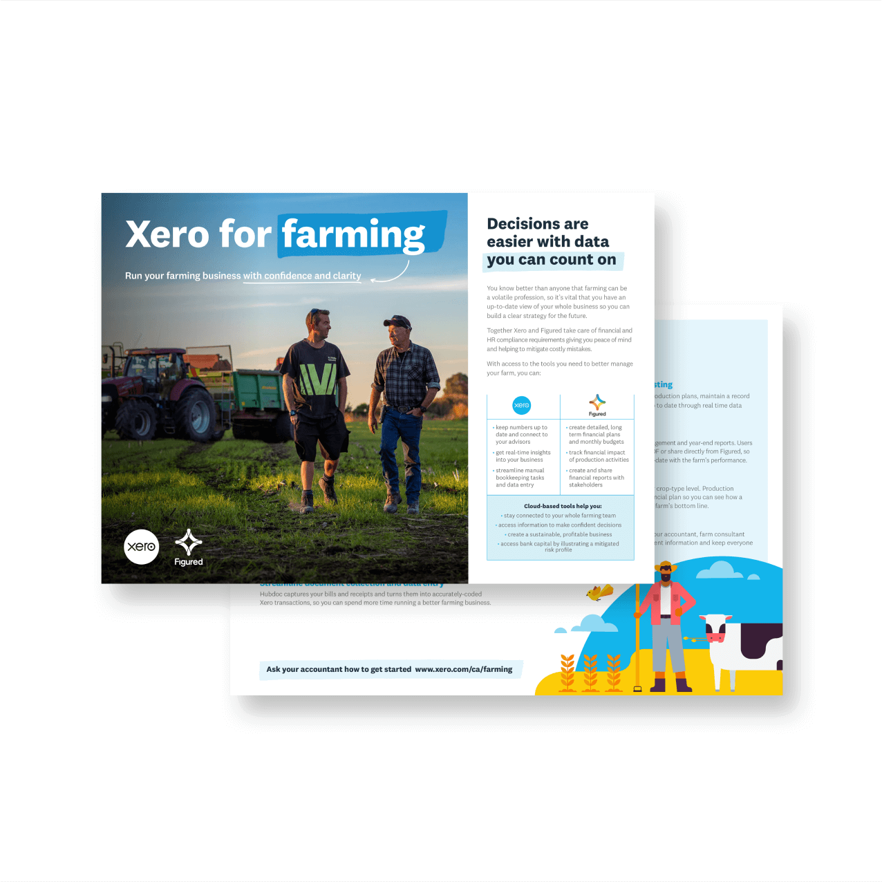 Front cover of Xero for farming brochure with two farmers in front of a tractor, and an internal page with a farmer and cow.