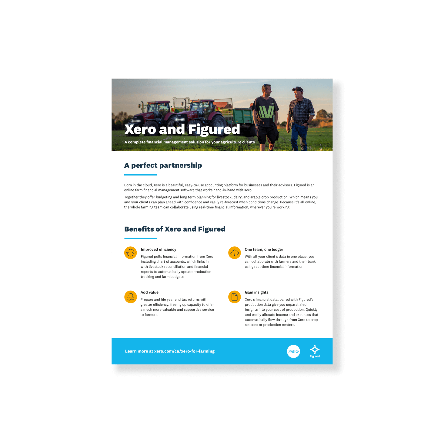 The front cover of the Xero and Figured brochure, featuring two farmers standing in front of farm vehicles.