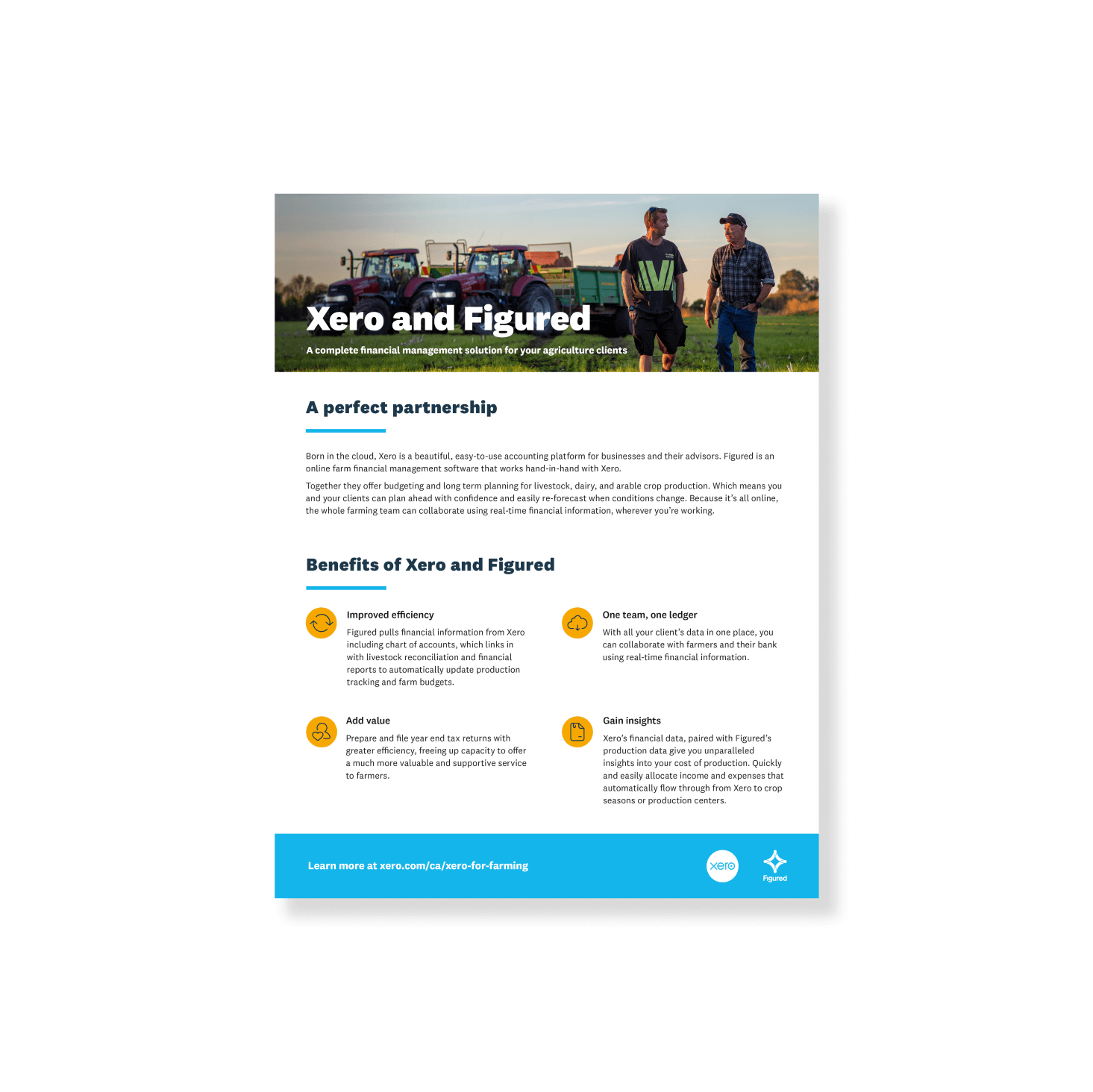 The front cover of the Xero and Figured brochure, featuring two farmers standing in front of farm vehicles. 