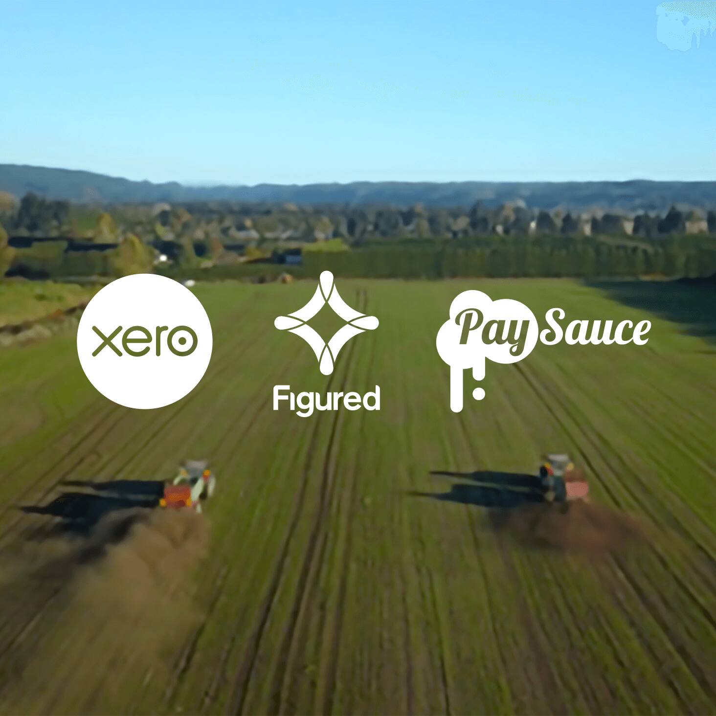 The Xero, Figured and PaySauce logos display on a photo of a field being plowed.