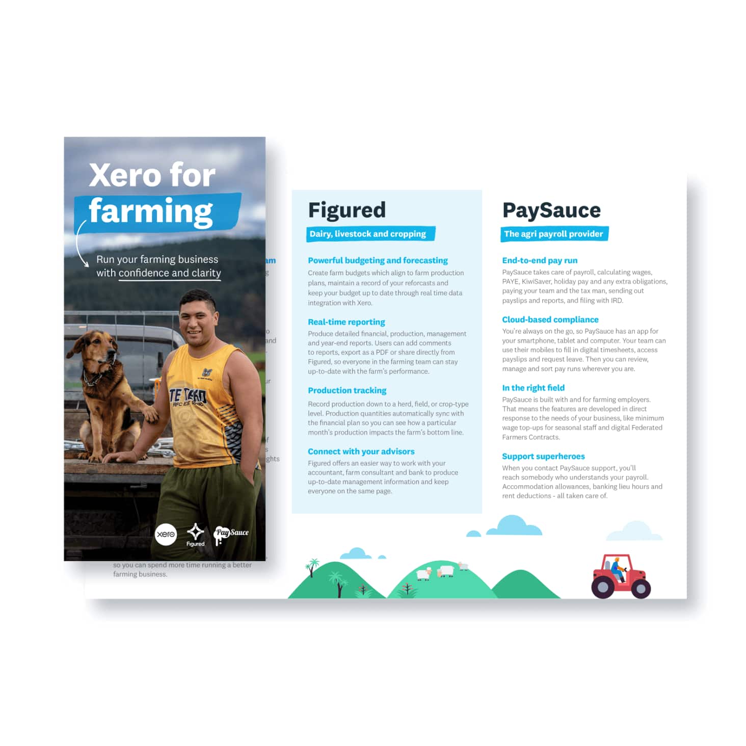 The cover of the Xero for farming brochure, featuring a farmer and farm dog, plus two other pages. 