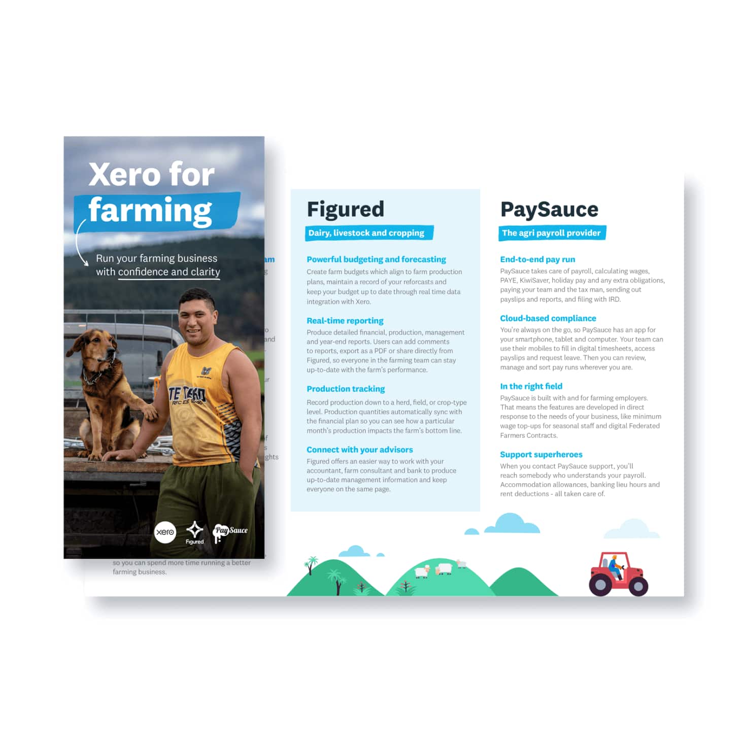The cover of the Xero for farming brochure, featuring a farmer and farm dog, plus two other pages.