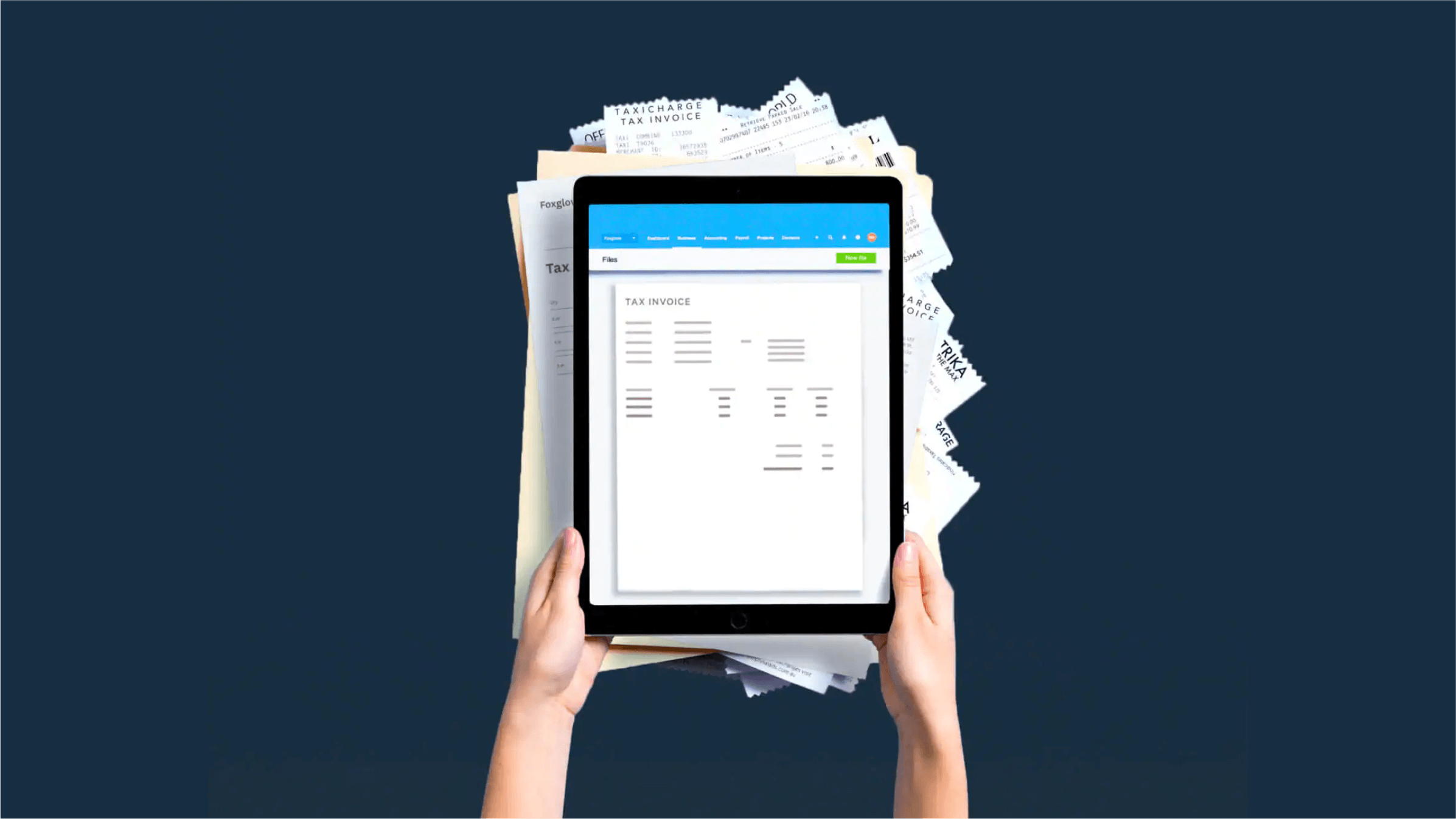 A pile of paper copies of tax invoices sits underneath a tablet that displays a tax invoice stored in Xero.