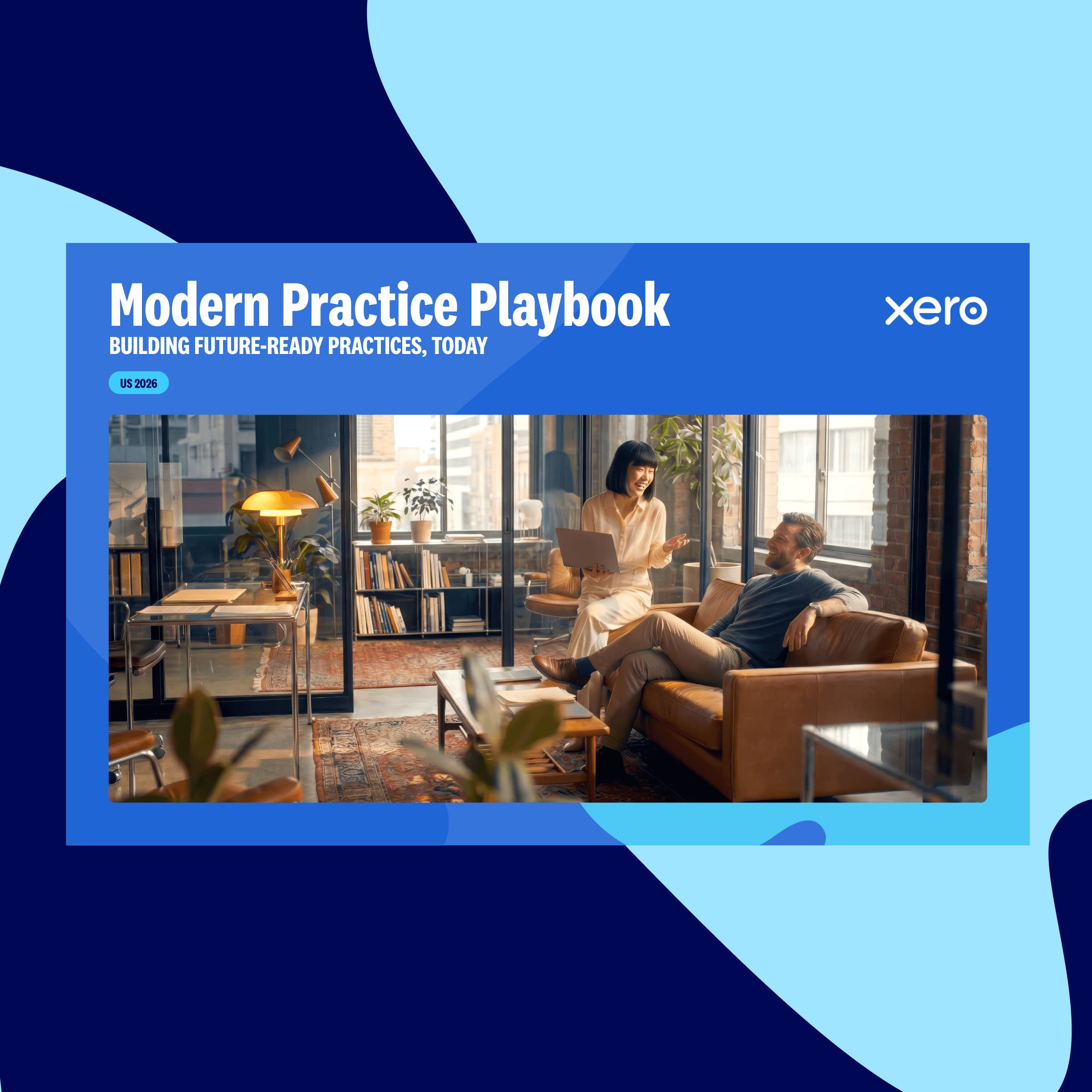 Cover of Xero's "Modern Practice Playbook, UK 2026" report, with a photo of two colleagues chatting in a modern office lounge