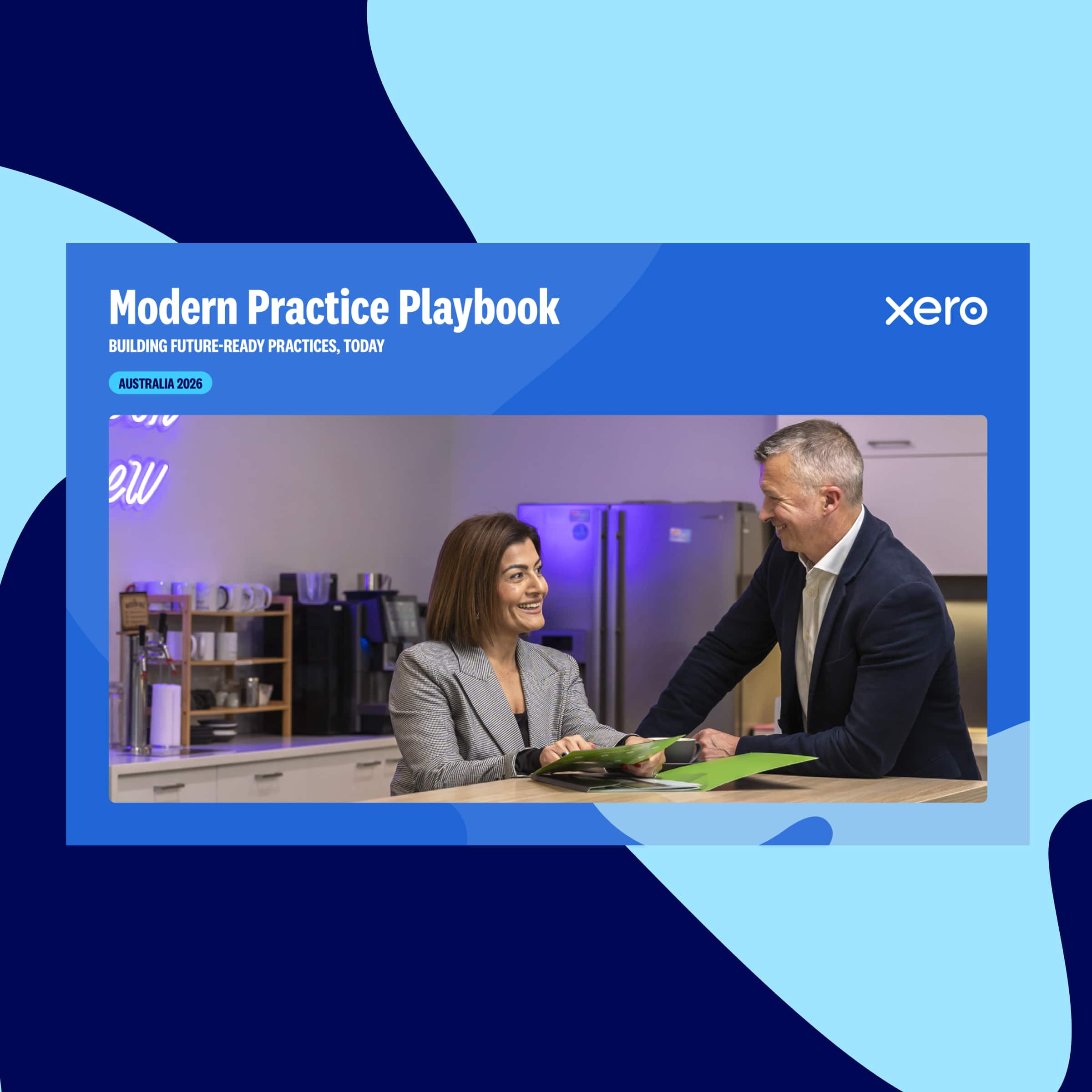 Cover of Xero's "Modern Practice Playbook, AU 2026" report, with a photo of two colleagues chatting