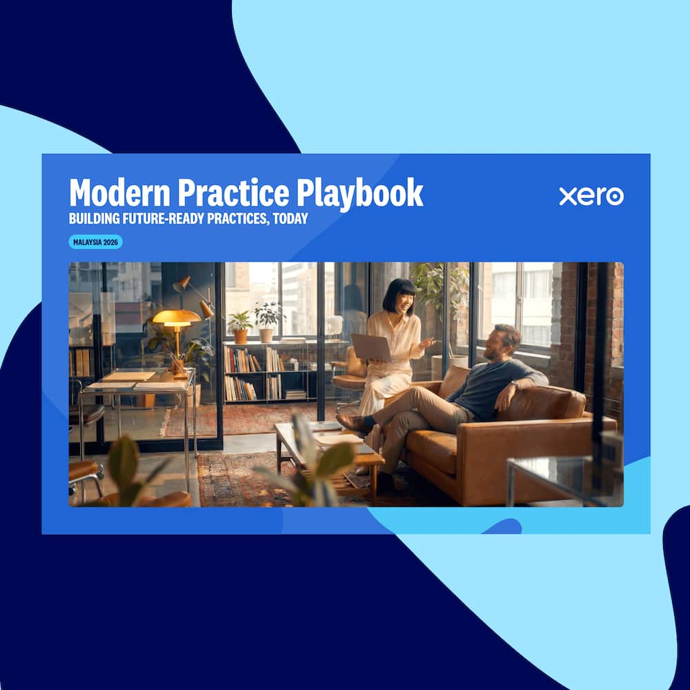 Cover of Xero's "Modern Practice Playbook" report, with a photo of two colleagues chatting in a modern office lounge