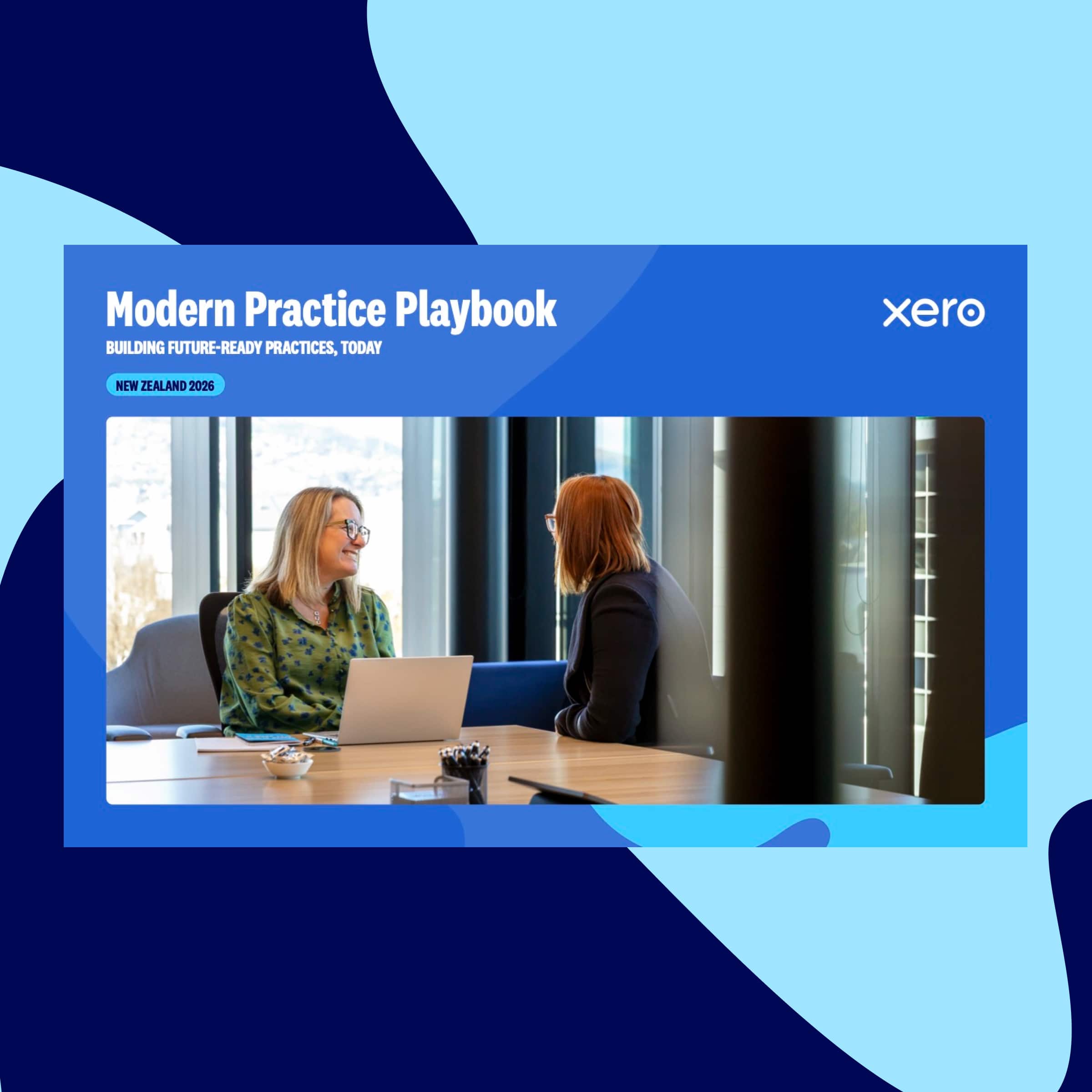 Cover of Xero's "Modern Practice Playbook, UK 2026" report, with a photo of two colleagues chatting in a modern office lounge
