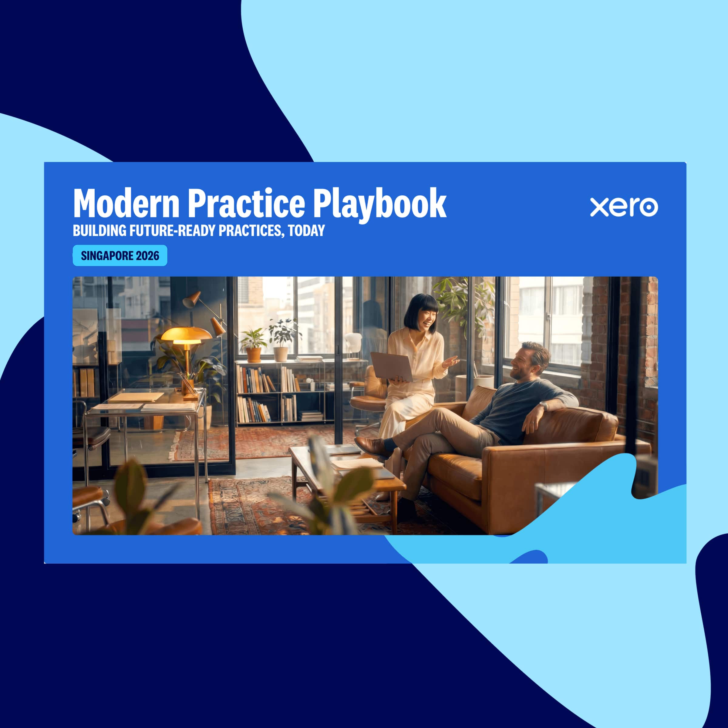 Cover of Xero's "Modern Practice Playbook, 2026" report, with a photo of two colleagues chatting in a modern office lounge