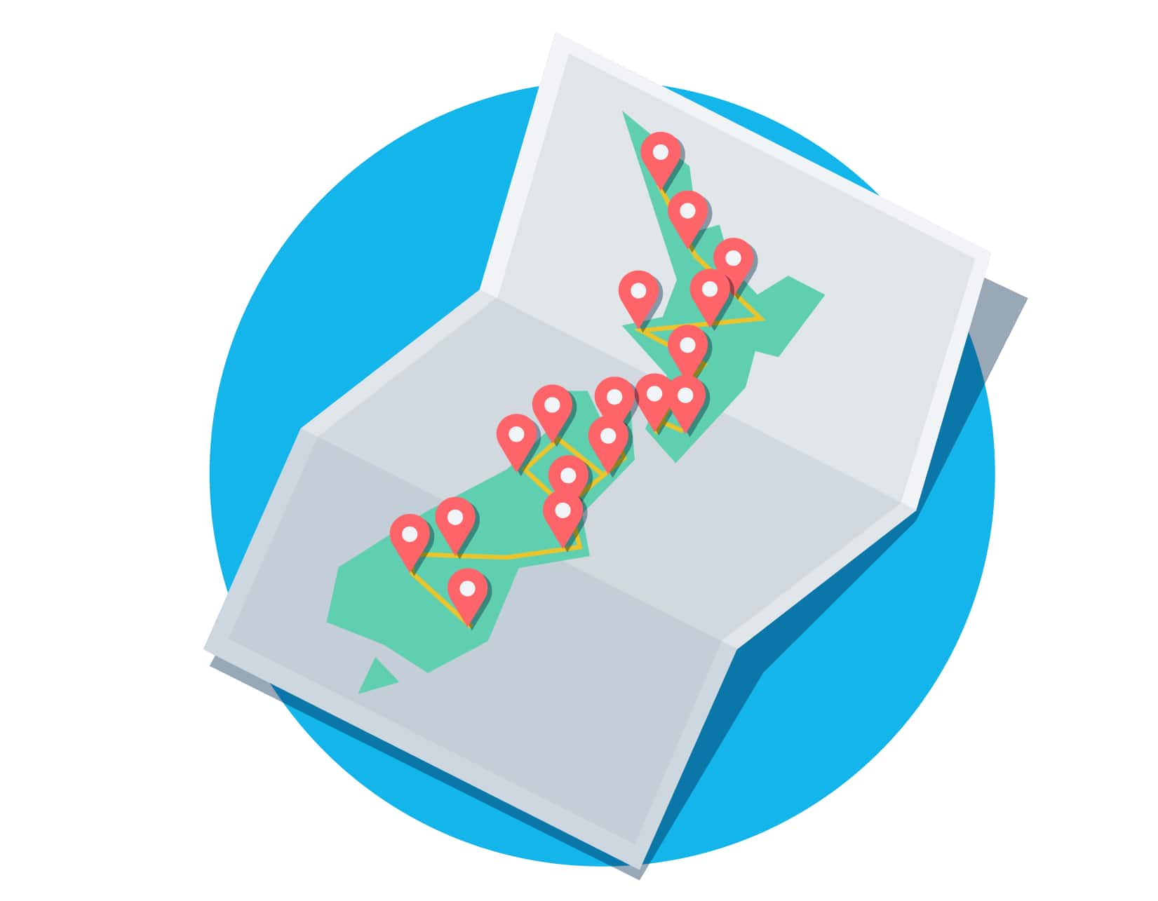 An illustration of a map of New Zealand with roadshow locations pinned.