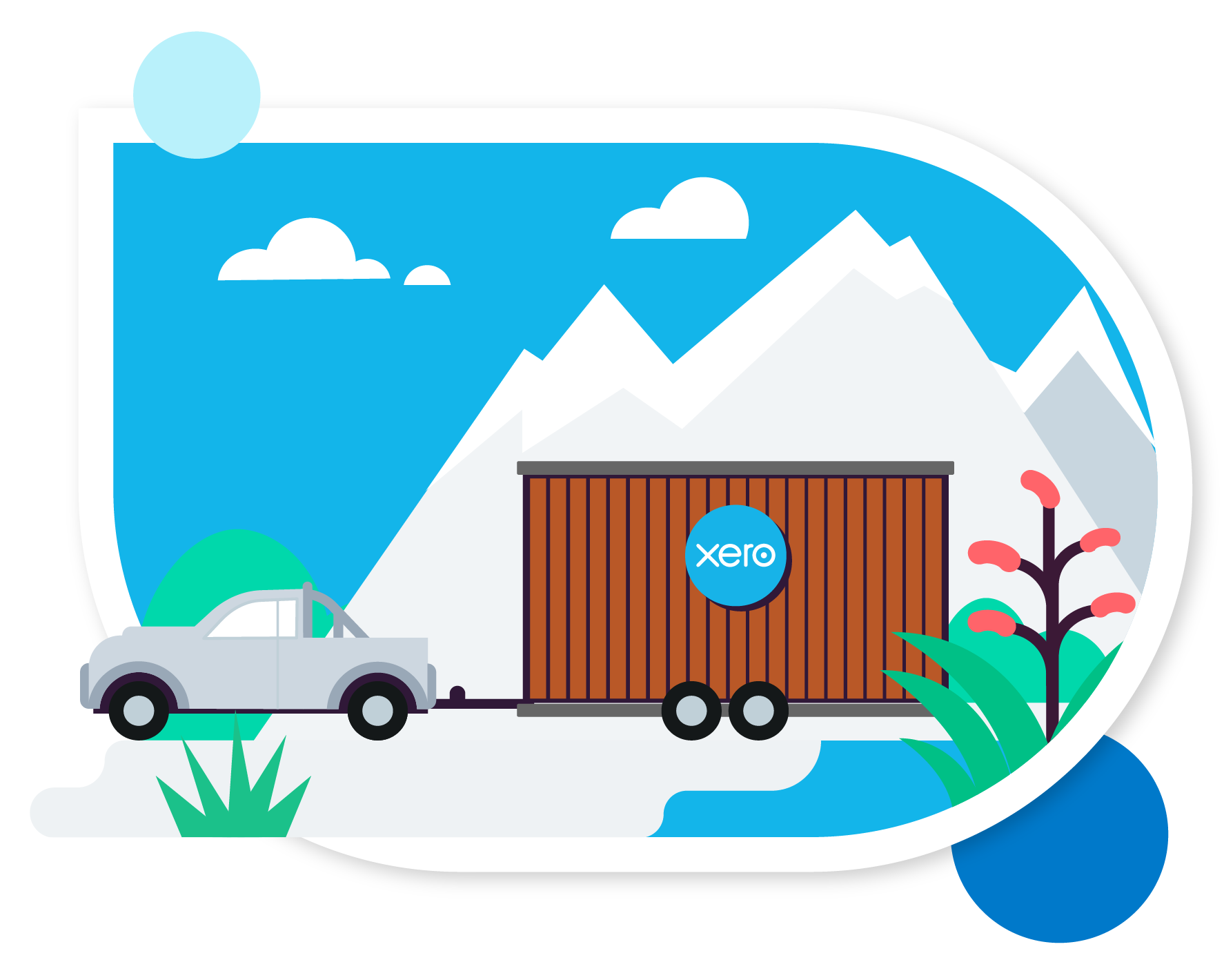 An illustration of a silver ute pulling the Xero-branded tiny home on the road.