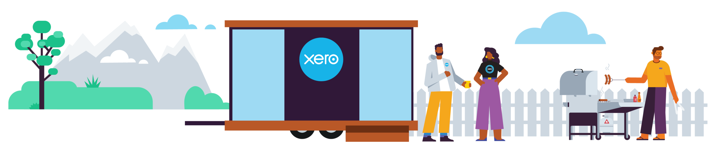 An illustration of small business owners gathering outside Xero’s tiny home.