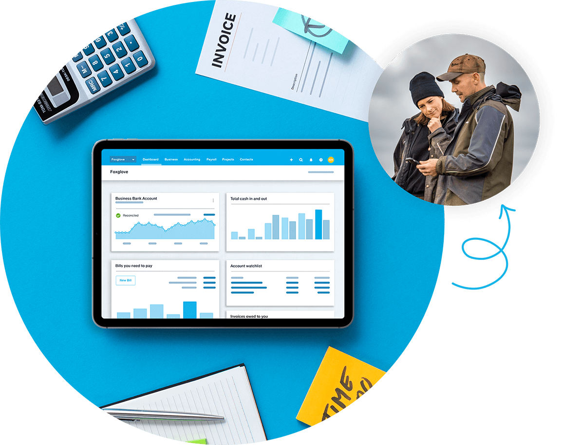 Xero for farming tools assist two farmers checking financials on a mobile device. 