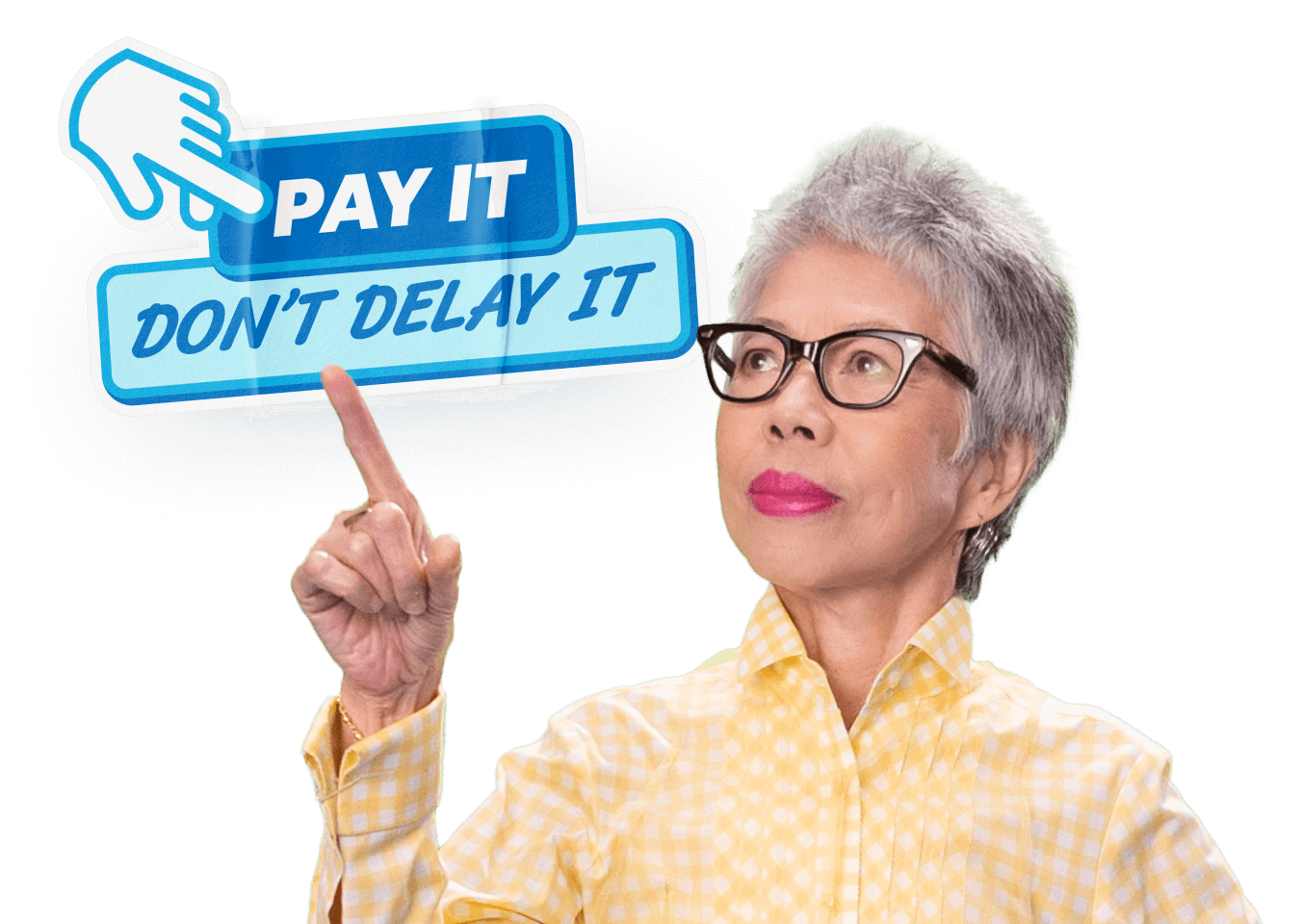 Lee Lin Chin points to a 'Pay It, Don't Delay It' sticker