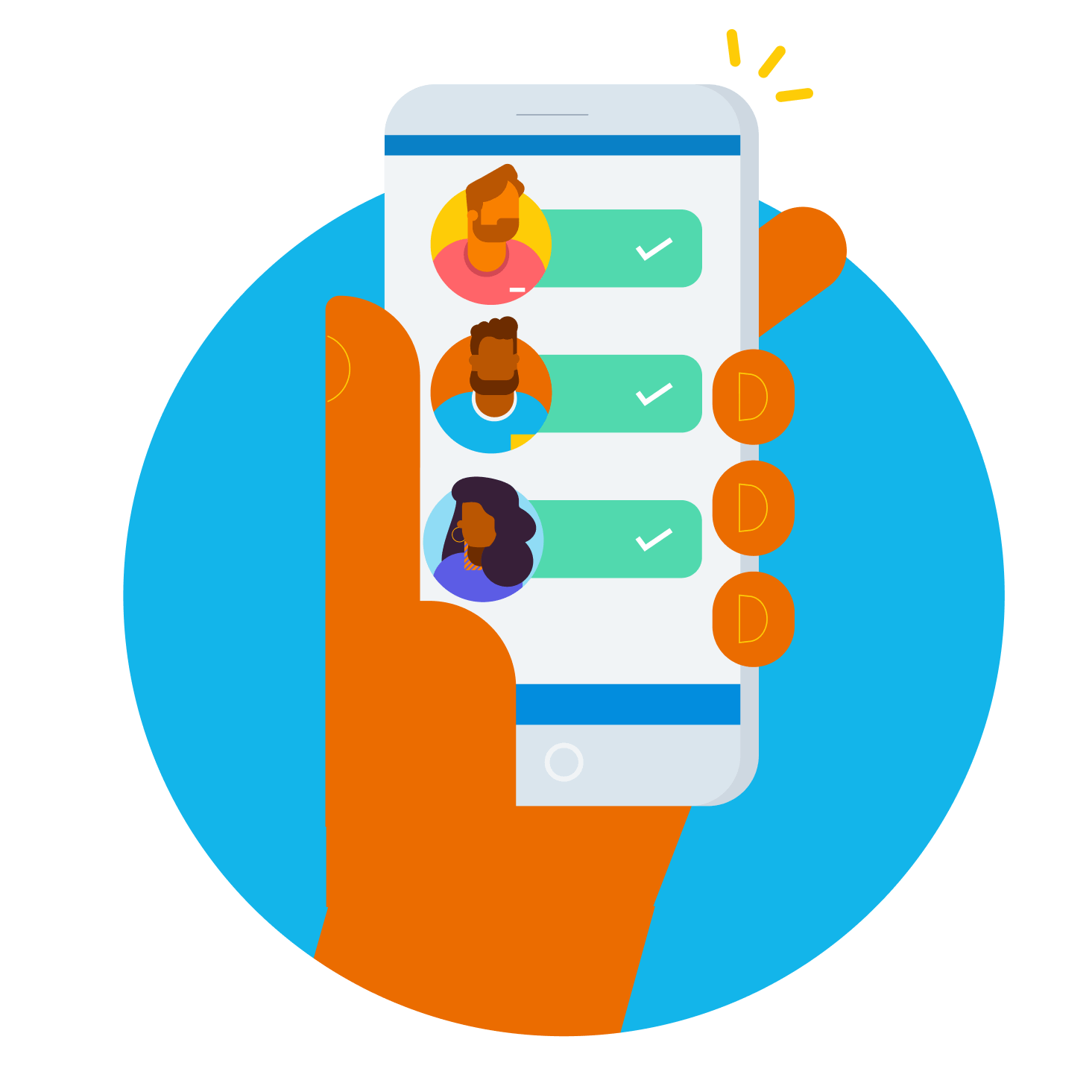A hand holding a mobile phone with a screen showing green ticks beside people who have been paid.