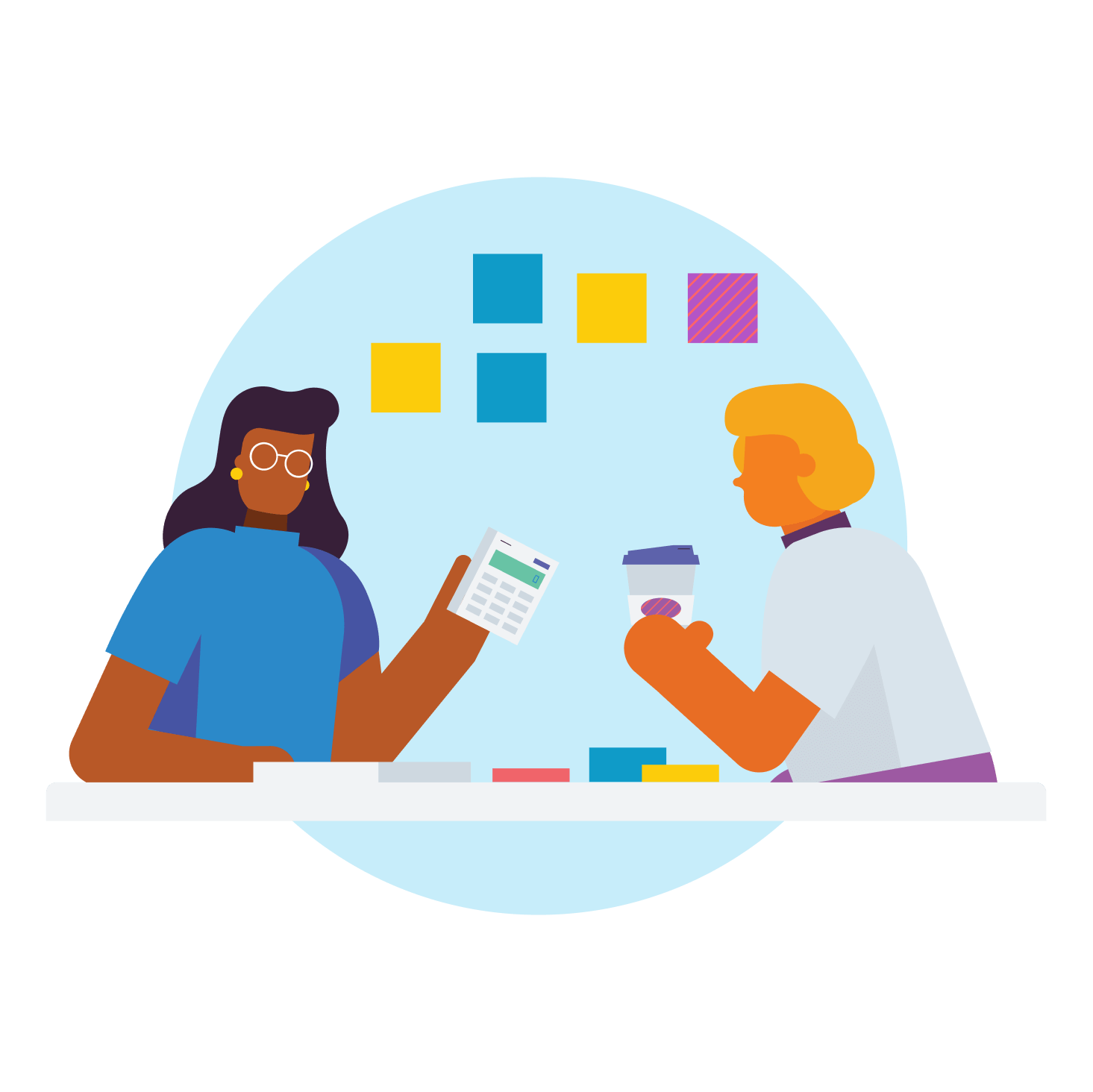 An accountant holding a calculator and a small business owner sit across from each other at a table.