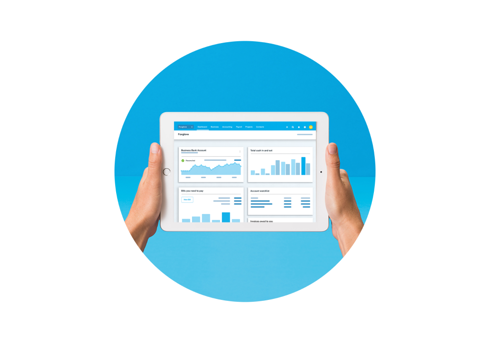 Hands holding a tablet which displays charts and tables on the Xero dashboard.