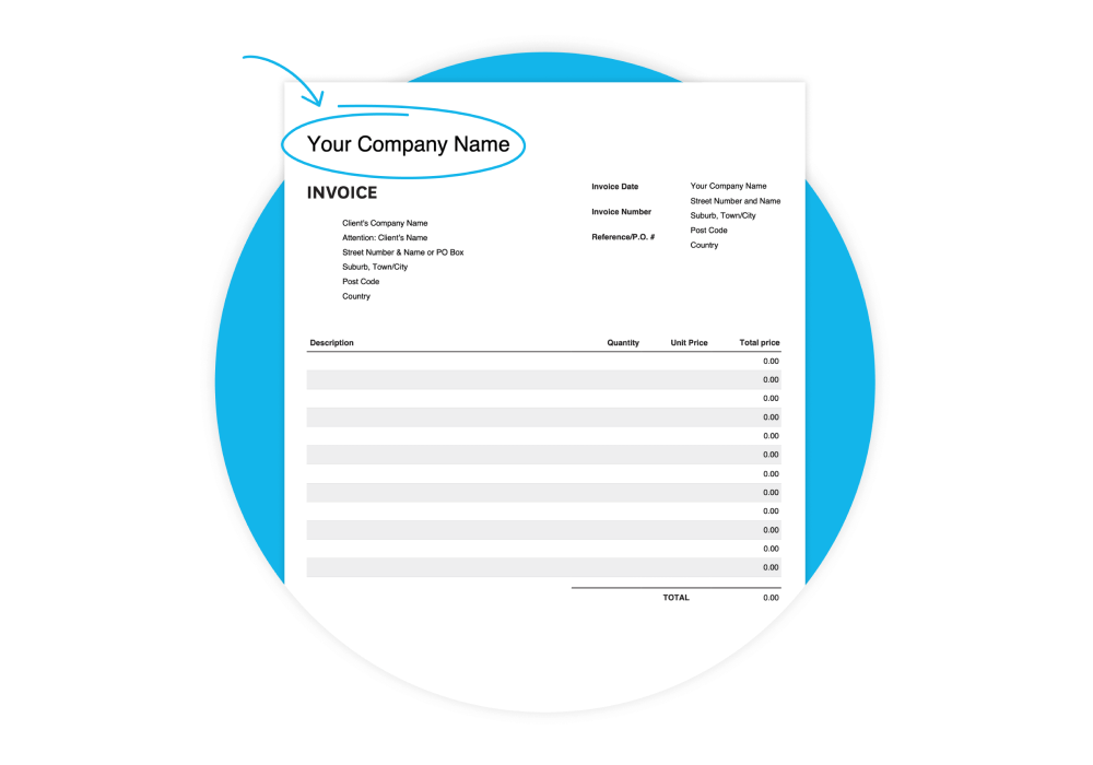 An invoice template ready for a business logo, name, and contact details to be added.