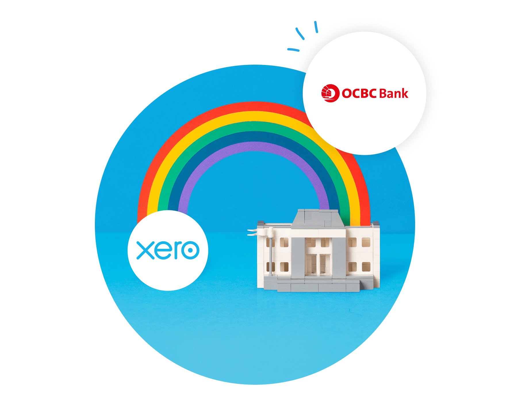 Image of Rainbow connecting the Xero logo and OCBC logo