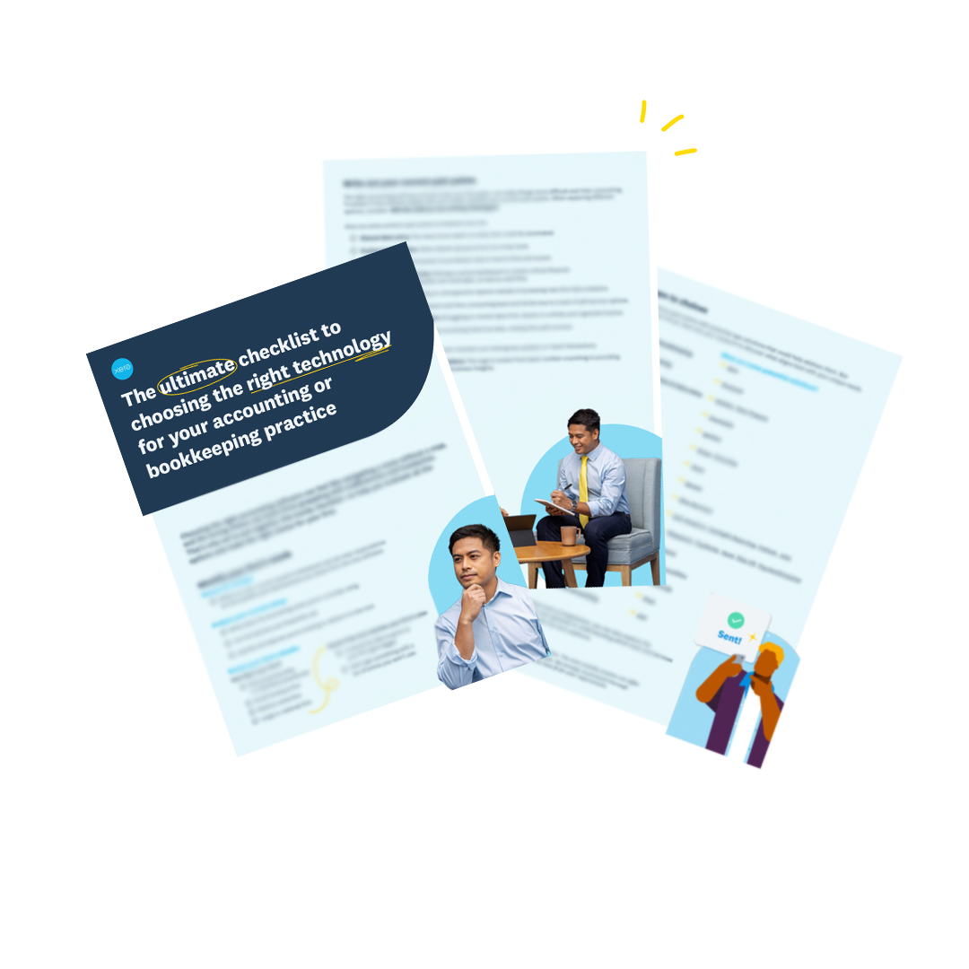 Three overlapping pages from the checklist to choose the right technology, surrounded by three yellow asterisks.