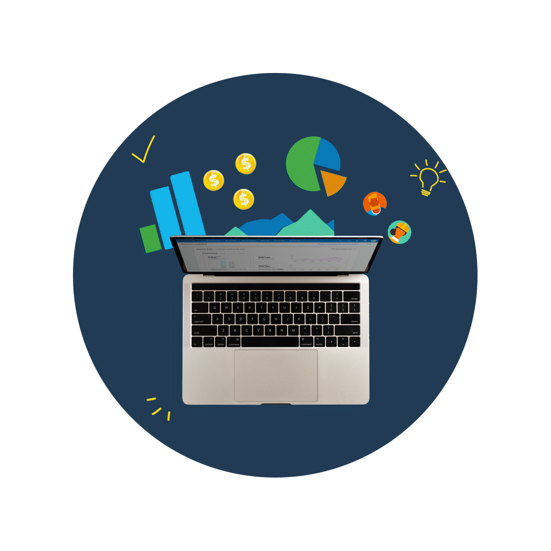 Xero platform on laptop with pie chart, diagrams, and coins around the laptop.
